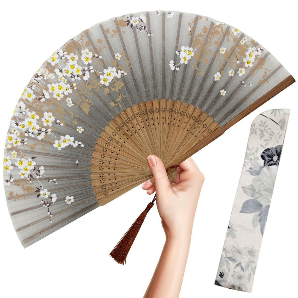 Folding Hand Fan for Women - Foldable Chinese Japanese Vintage Bamboo Silk Fan - for Hot Flash, Church, EDM, Music Festival, Party, Dance, Performance, Decoration, Gift (Gray Sakura)