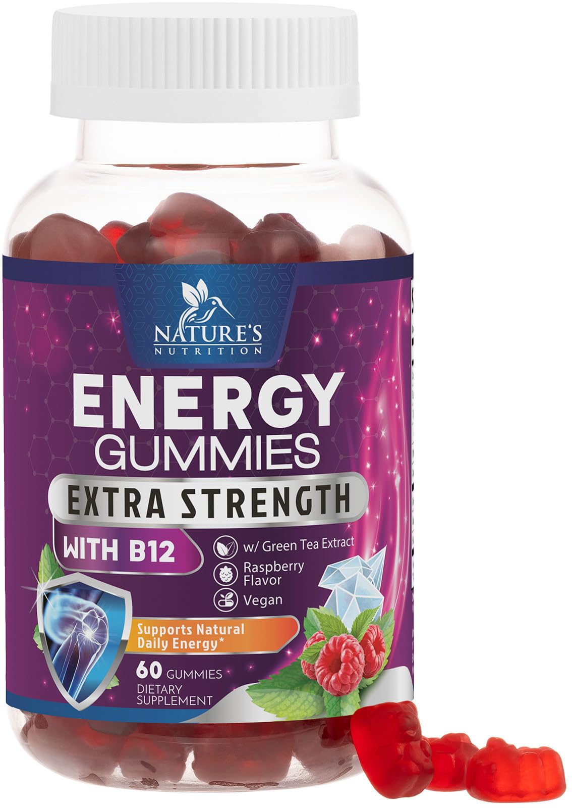 Energy Gummies - Vitamin B12 1000mcg - 3X Clean Energy & Focus Gummy with Natural Caffeine from Green Tea - Berry Flavored Pre Workout Exercise Supplement for Running Cycling & Sports - 60 Gummies