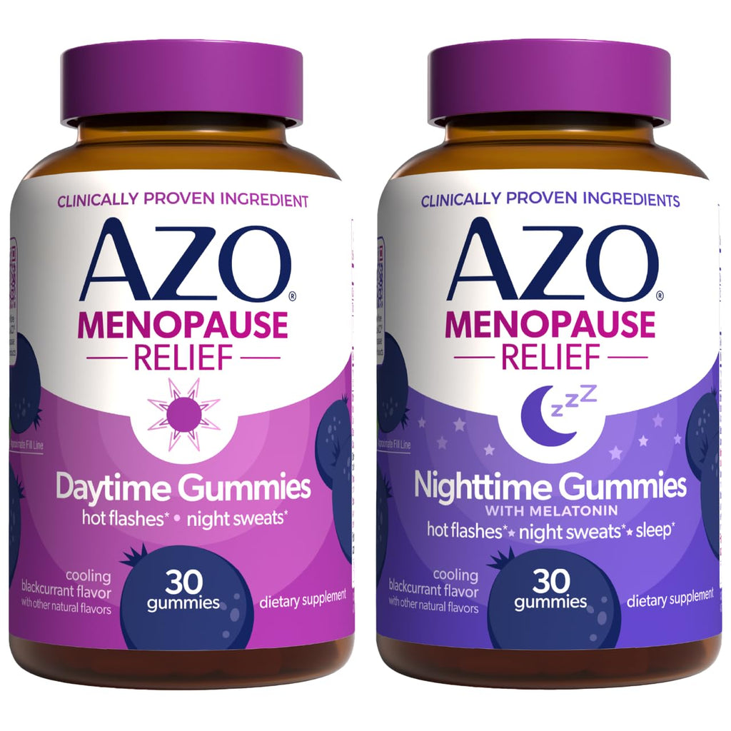 AZO Menopause Relief Daytime & Nighttime Gummy Bundle 120 Count | Estrogen-Free Formula, Clinically Studied Genistein Includes Melatonin for Sleep*, Perimenopause Support, Blackcurrant Flavor