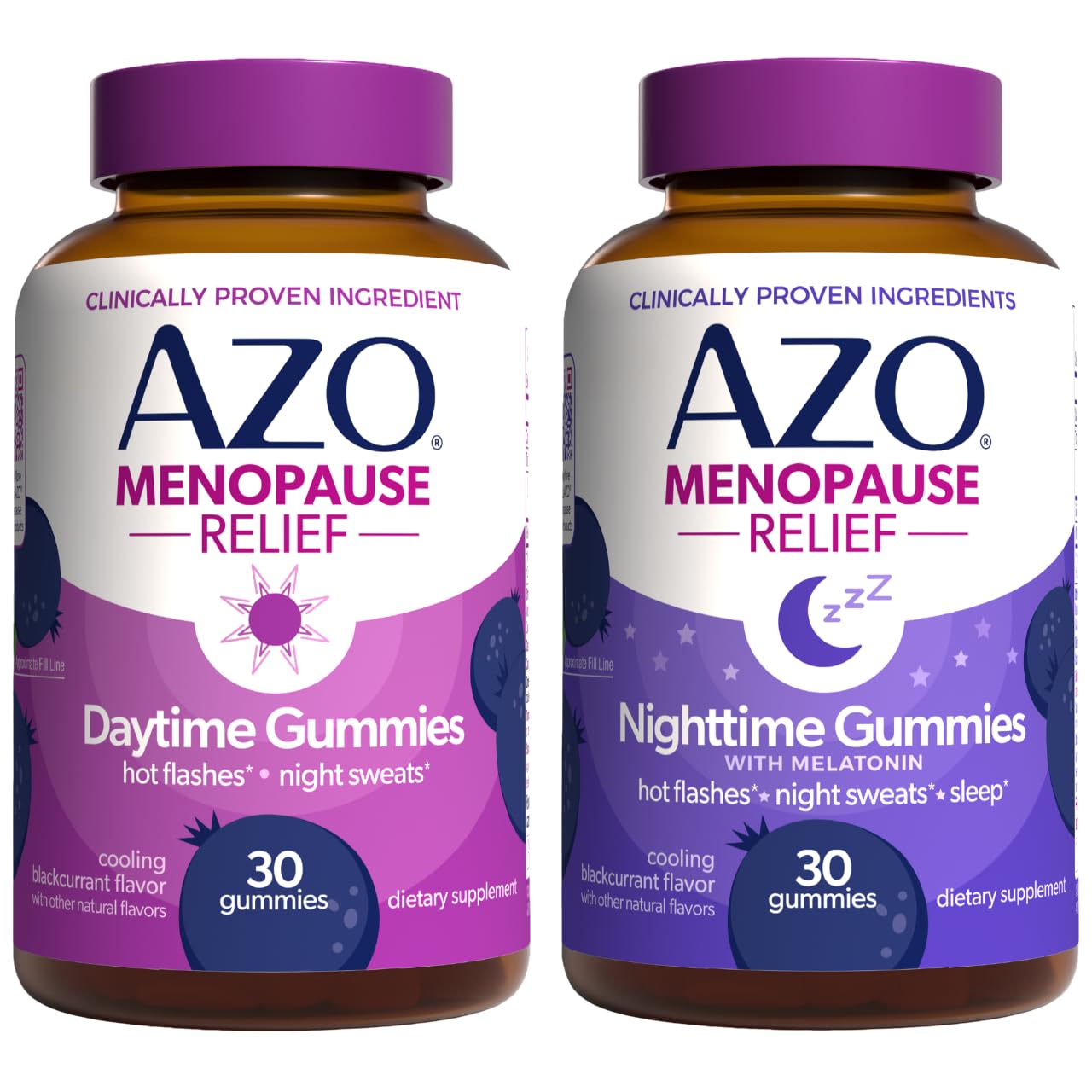 AZO Menopause Relief Daytime & Nighttime Gummy Bundle 120 Count | Estrogen-Free Formula, Clinically Studied Genistein Includes Melatonin for Sleep*, Perimenopause Support, Blackcurrant Flavor