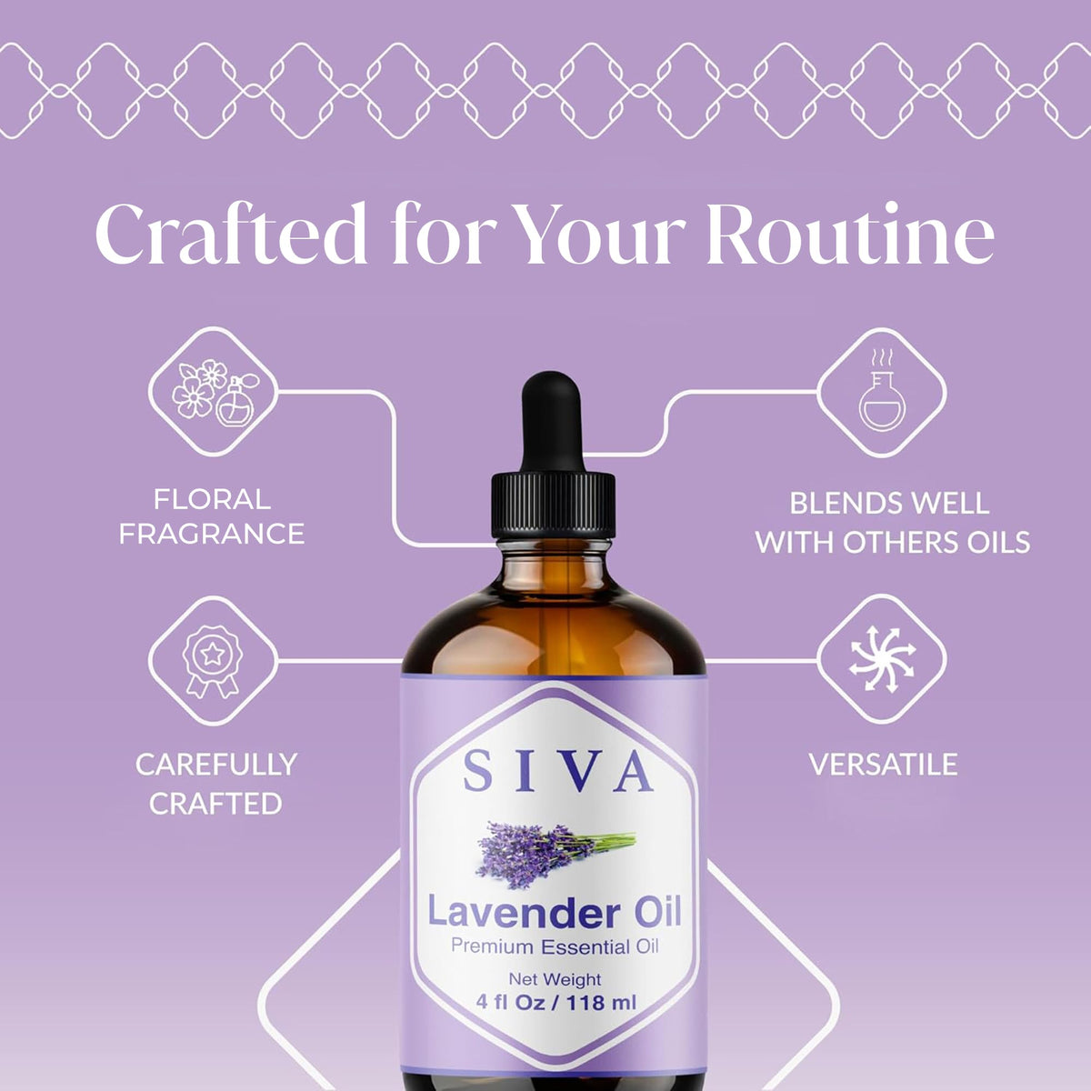 Siva Lavender Essential Oil, Glass Bottle with Dropper, 4 Fl Oz (118 ml)