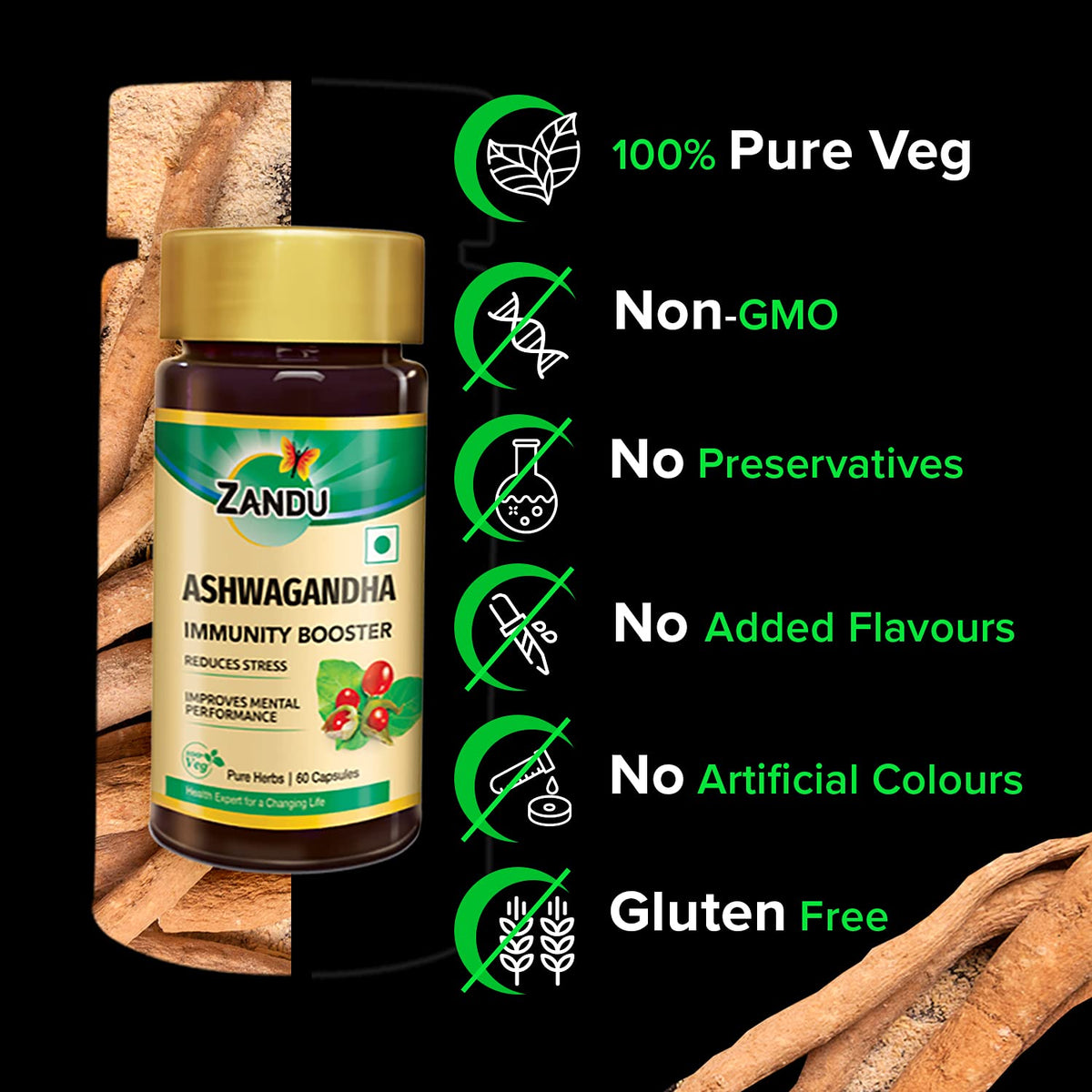 Zandu Ashwagandha Capsules (120 veg caps), Formulated with Pure Extracts of Ashwagandha, Immunity Booster, For Natural Body Strength, Stress Buster (Pack of 60 x 2)
