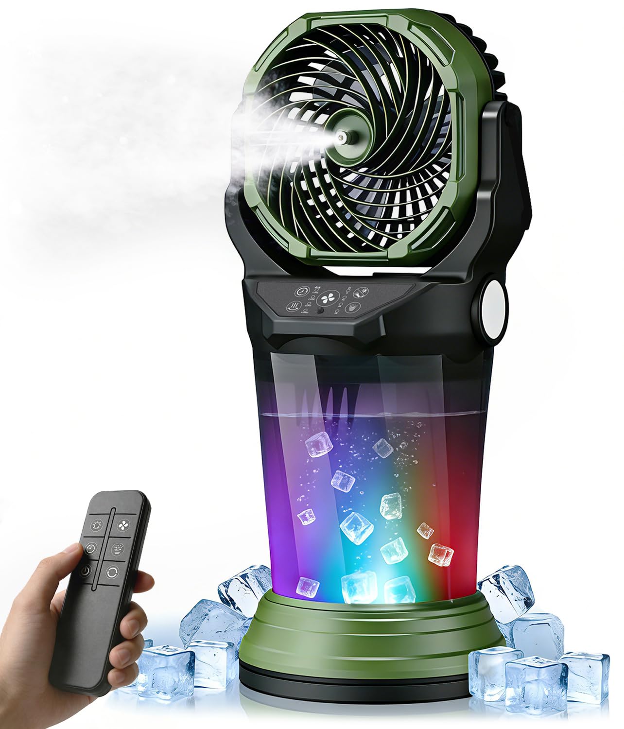 Portable Misting Fan with Remote, 2L Water Tank & 2 Spray Modes, 30000mAh Rechargeable Outdoor Cooling Fan, 4 Wind Speeds, 3 Timers, 120° Oscillation, RGB Lights & Flashlight for Camping Beach Patio