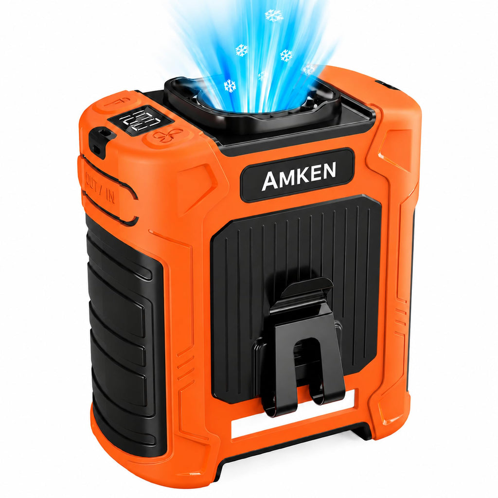 AMKEN Waist Fan, 10000mAh Rechargeable Belt Clip Fan, 59ft/s Airflow, 6-Speed 18500RPM Wearable Cooling with Bottom Air Intake, LED SOS Warning Light, Charge 2 Phones for Jobsite Camping