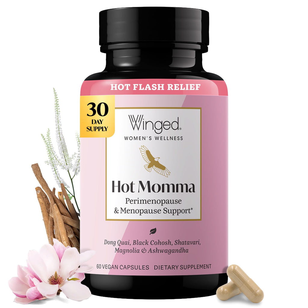Winged Wellness Hot Momma, Menopause Supplements for Women, 60 Capsules | Hormone-Free Menopause Relief Support for Hot Flashes & Night Sweats - Chaste Tree Berry, Multivitamins & Shatavari - Vegan