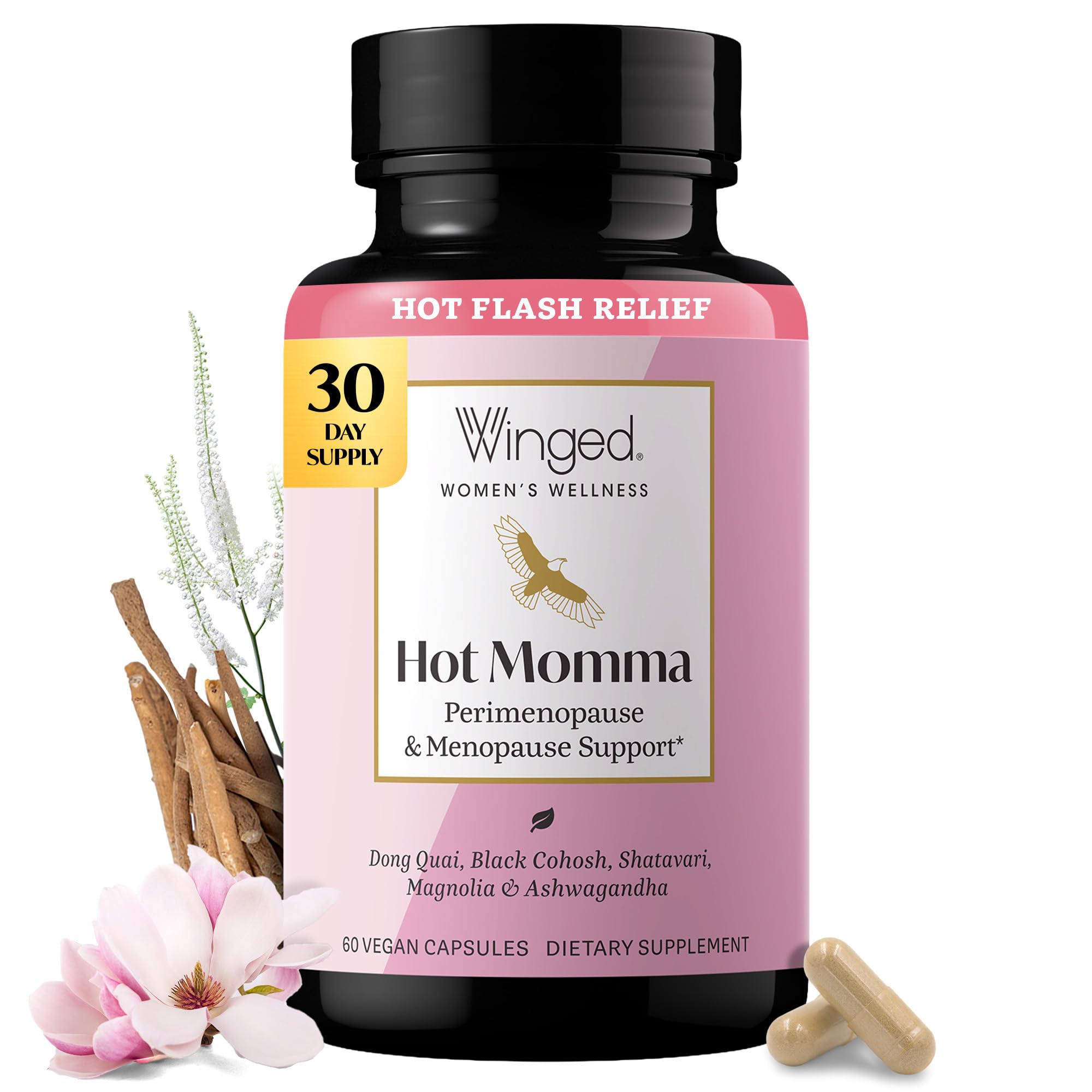 Winged Wellness Hot Momma, Menopause Supplements for Women, 60 Capsules | Hormone-Free Menopause Relief Support for Hot Flashes & Night Sweats - Chaste Tree Berry, Multivitamins & Shatavari - Vegan