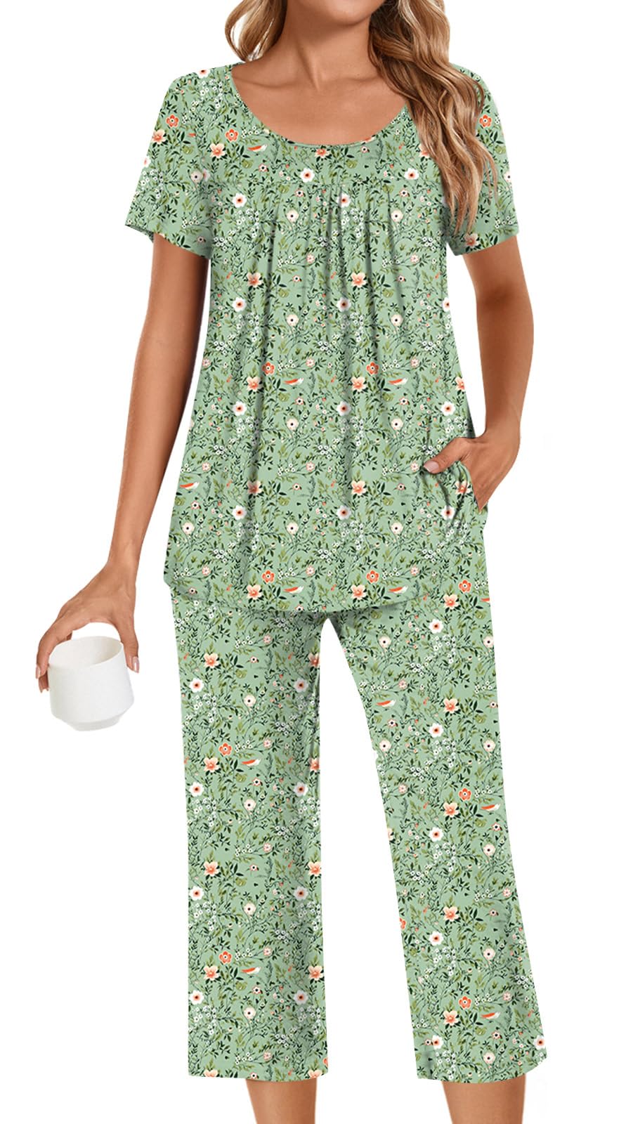 POPYOUNG Pajamas for Women Set 2 Piece Summer Lounge Capri Pj Sleepwear