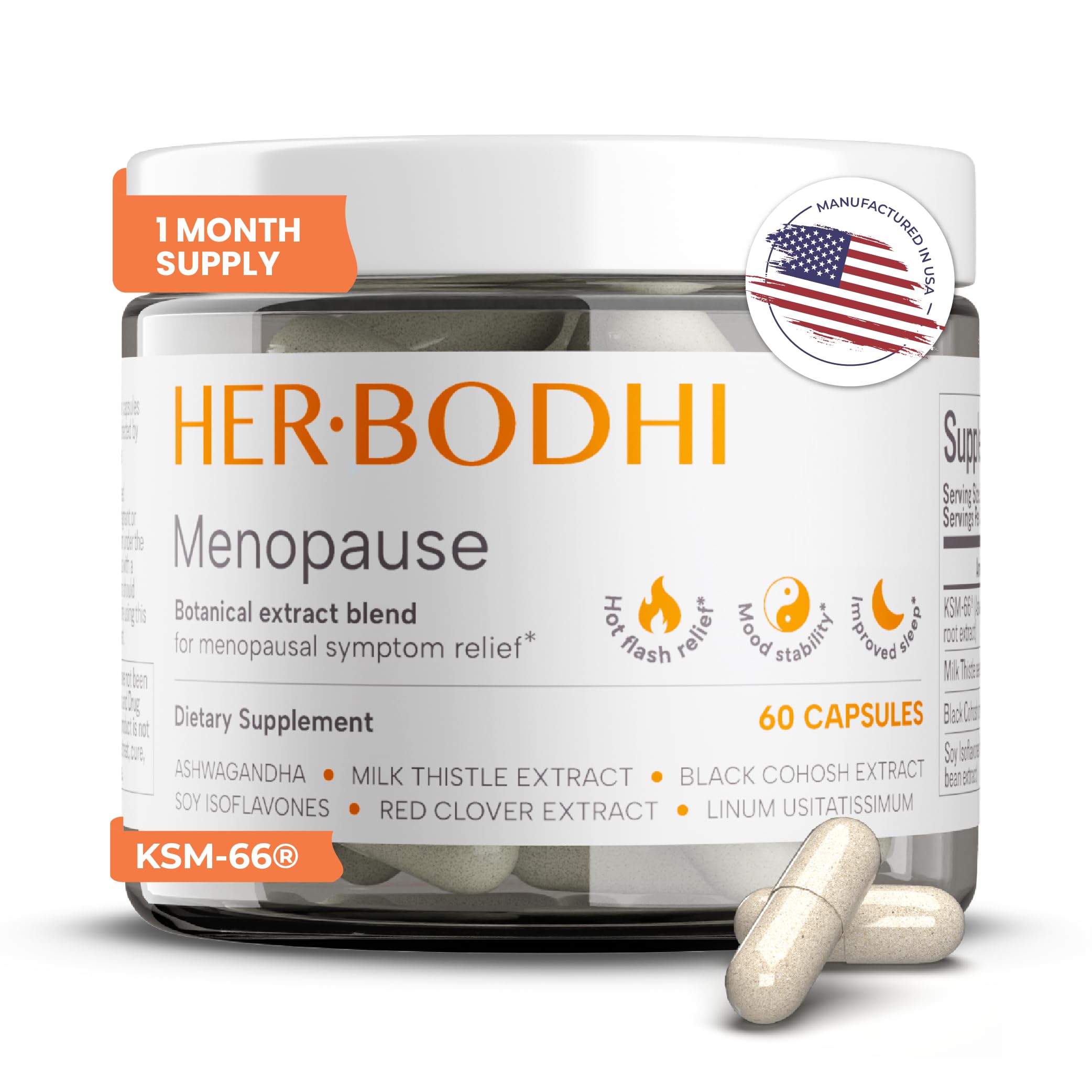 Her Bodhi Meno Menopause Supplement for Women, Hormone-Free, 60 Capsules | Soy Isoflavones, Black Cohosh & KSM-66 Ashwagandha to support comfort through hot flashes and night sweats; vegan*