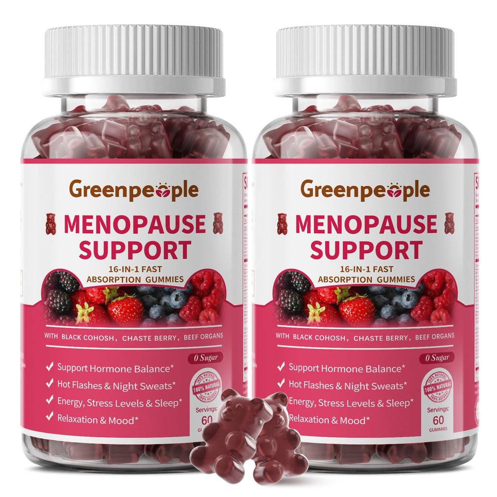 GREENPEOPLE Menopause Supplements for Women Gummies - 16-in-1 Dual Action Menopause Relief W/Black Cohosh, Vitex, Beef Organs for Hormone Balance, Hot Flashes, Night Sweats & Mood, 60 CT (2 Packs)