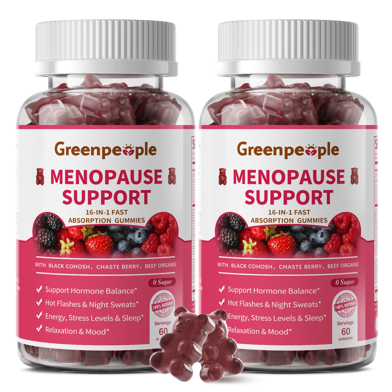 GREENPEOPLE Menopause Supplements for Women Gummies - 16-in-1 Dual Action Menopause Relief W/Black Cohosh, Vitex, Beef Organs for Hormone Balance, Hot Flashes, Night Sweats & Mood, 60 CT (2 Packs)