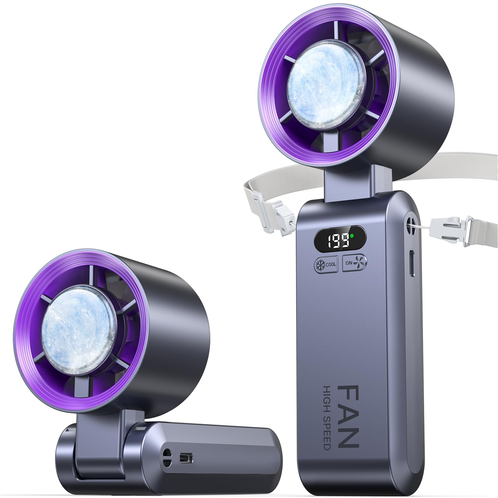 Handheld Portable Turbo Fan with Ice Cooler, Speed (1-199) Rechargeable Personal Fan[20000 RPM] Small Pocket Fans for Travel/Outdoor/Home/Office, Purple