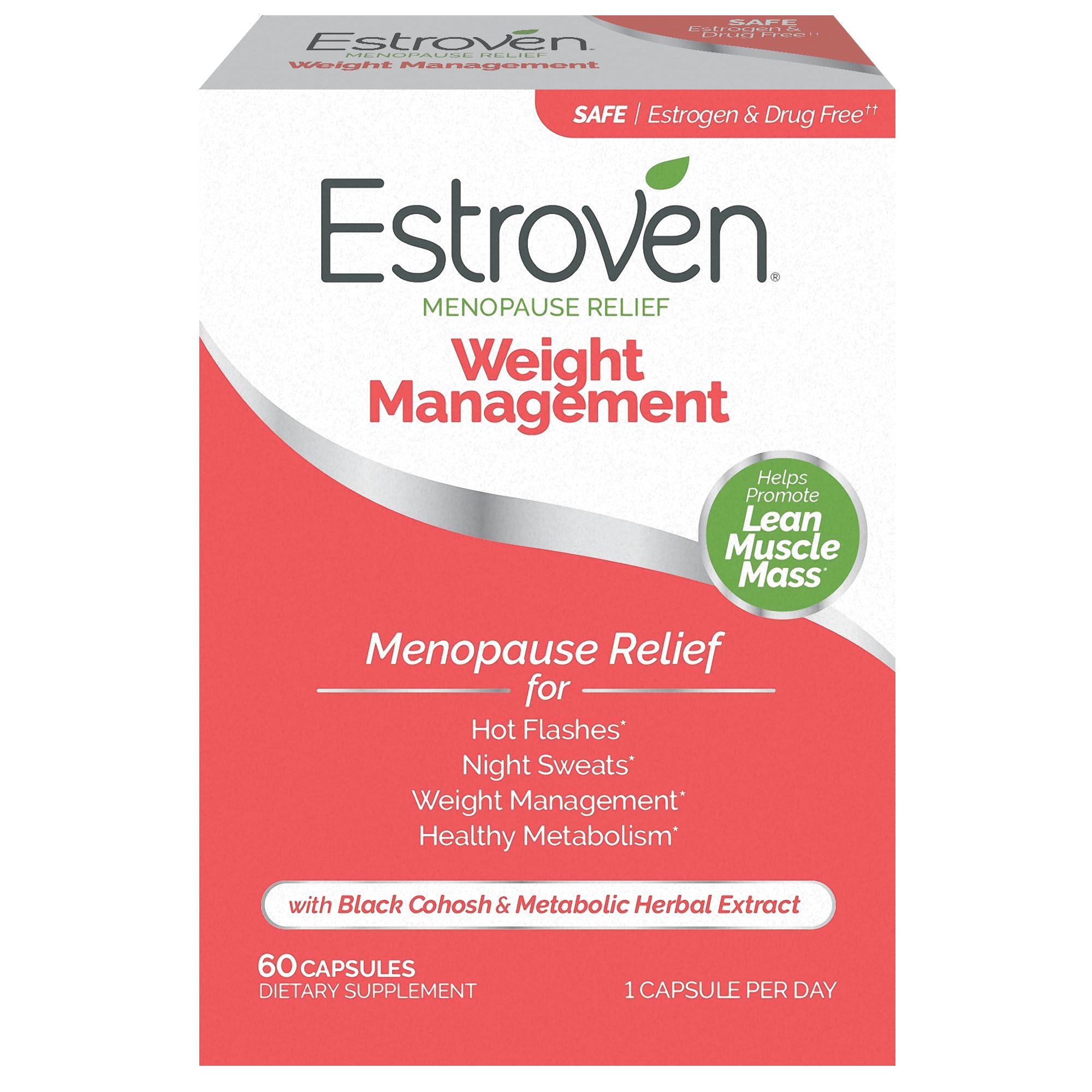 Estroven Weight Management for Menopause Relief Supplement for Women, 60 Ct | Hormone-free Drug-free, Hot Flash & Night Sweat Relief*, Black Cohosh, Perimenopause Pre-menopause Support, 1 Capsule Daily