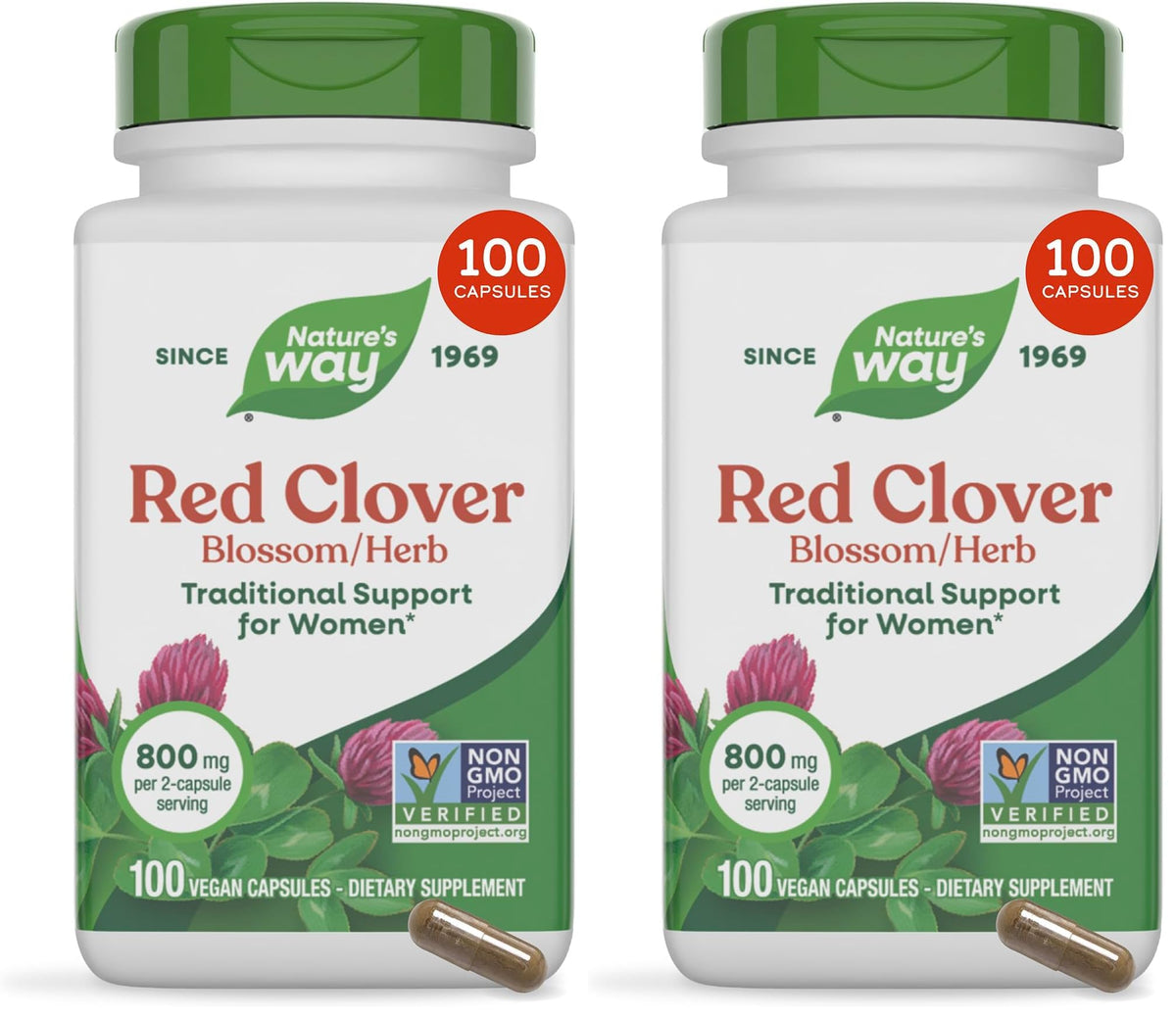 Nature's Way Red Clover Blossom Herb, Traditional Health Support for Women*, 800 mg per 2-Capsule Serving, Non-GMO Project Verified, Red Clover Supplement, 100 Vegan Capsules (Pack of 2)