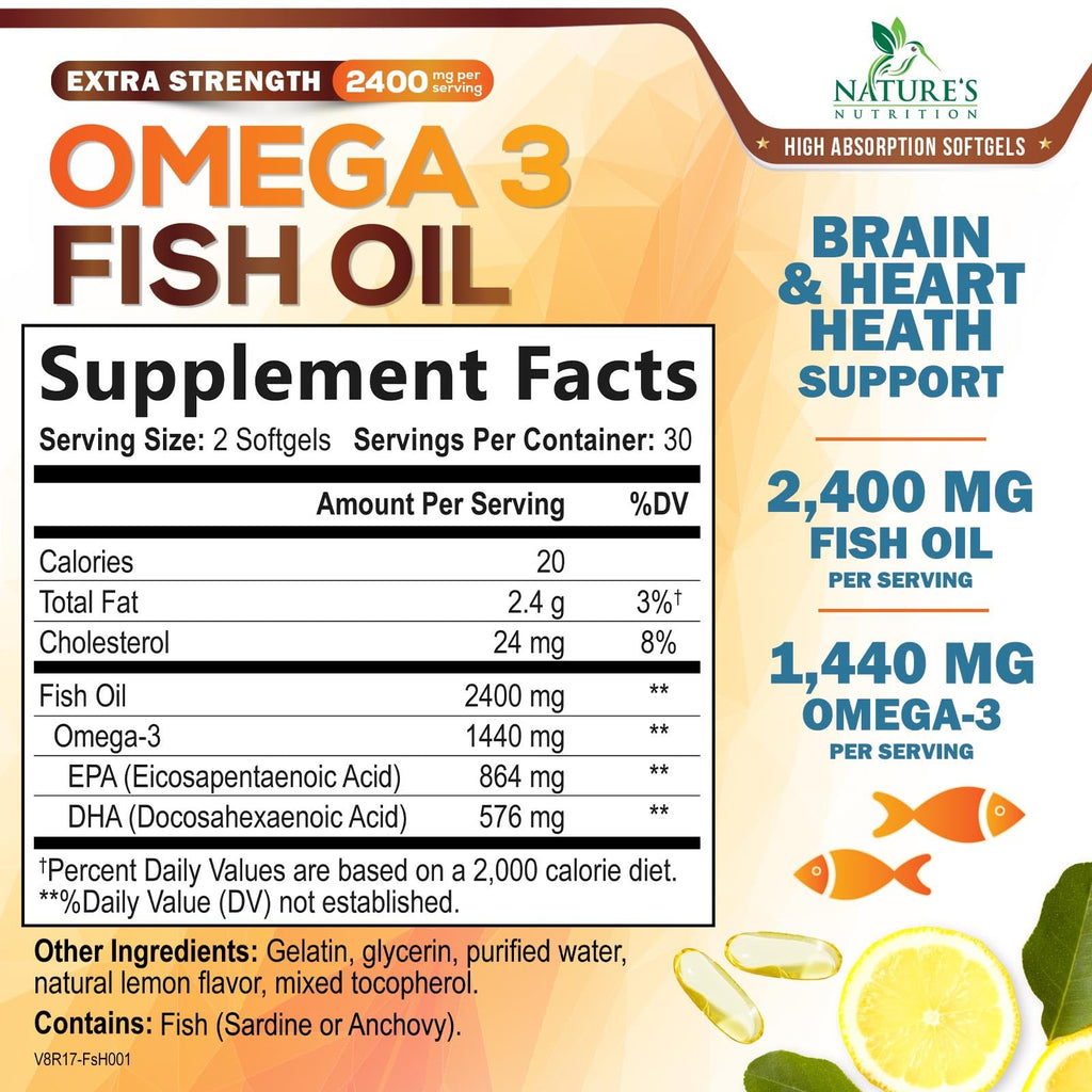 Omega 3 Fish Oil 2400mg - Triple Strength Daily Omega-3 Supplement with EPA & DHA - Natural Heart, Brain & Immune Support - Wild Caught Omega3 Fatty Acids - Gluten Free & Bottled in USA - 60 Softgels
