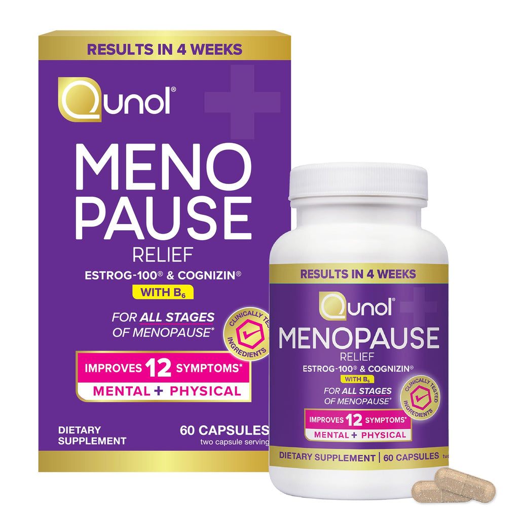 Qunol Menopause Relief +B6 Capsules, Peri to Post, Results in 4 Weeks, 60ct | Hormone Free Support for Fatigue, Brain Fog, Hot Flashes, Night Sweats, Mood Swings, Sleep Disturbances & Joint Discomfort