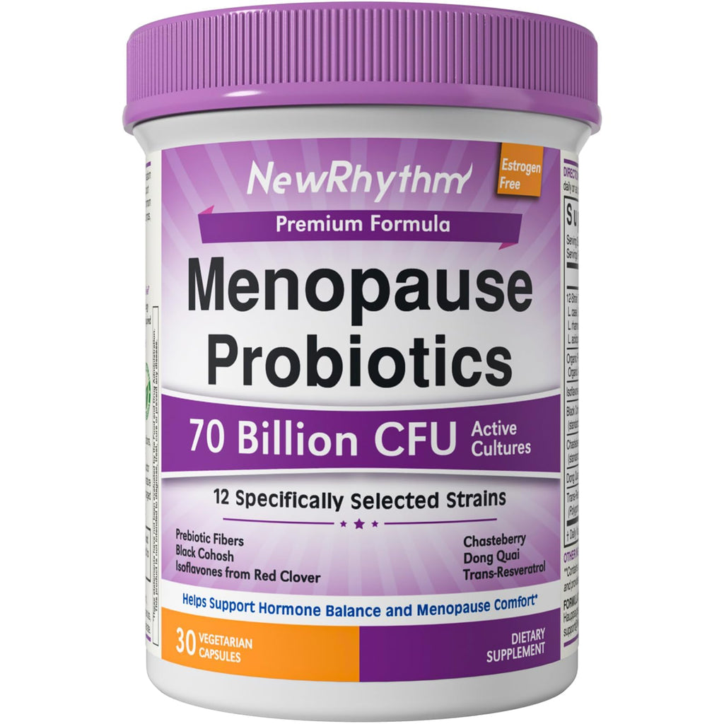 NewRhythm Menopause Probiotics for Women, 7-in-1 Relief, Prebiotics, Black Cohosh Trans-Resveratrol Chasteberry Red Clover Dong Quai, Hot Flashes Night Sweats, No Soy, No Estrogen, 30 Ct