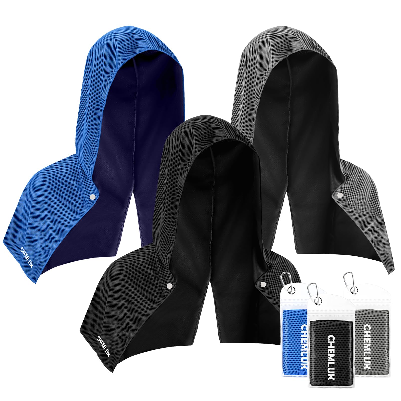 Cooling Rags for Neck: UPF50 Cooling Hoodie Towel with Case 3 Packs | Quick Dry, Chemical-free, Breathable, Soft, Portable, Cooling Towels for Face Hot Weather Workout Baseball Softball Sport