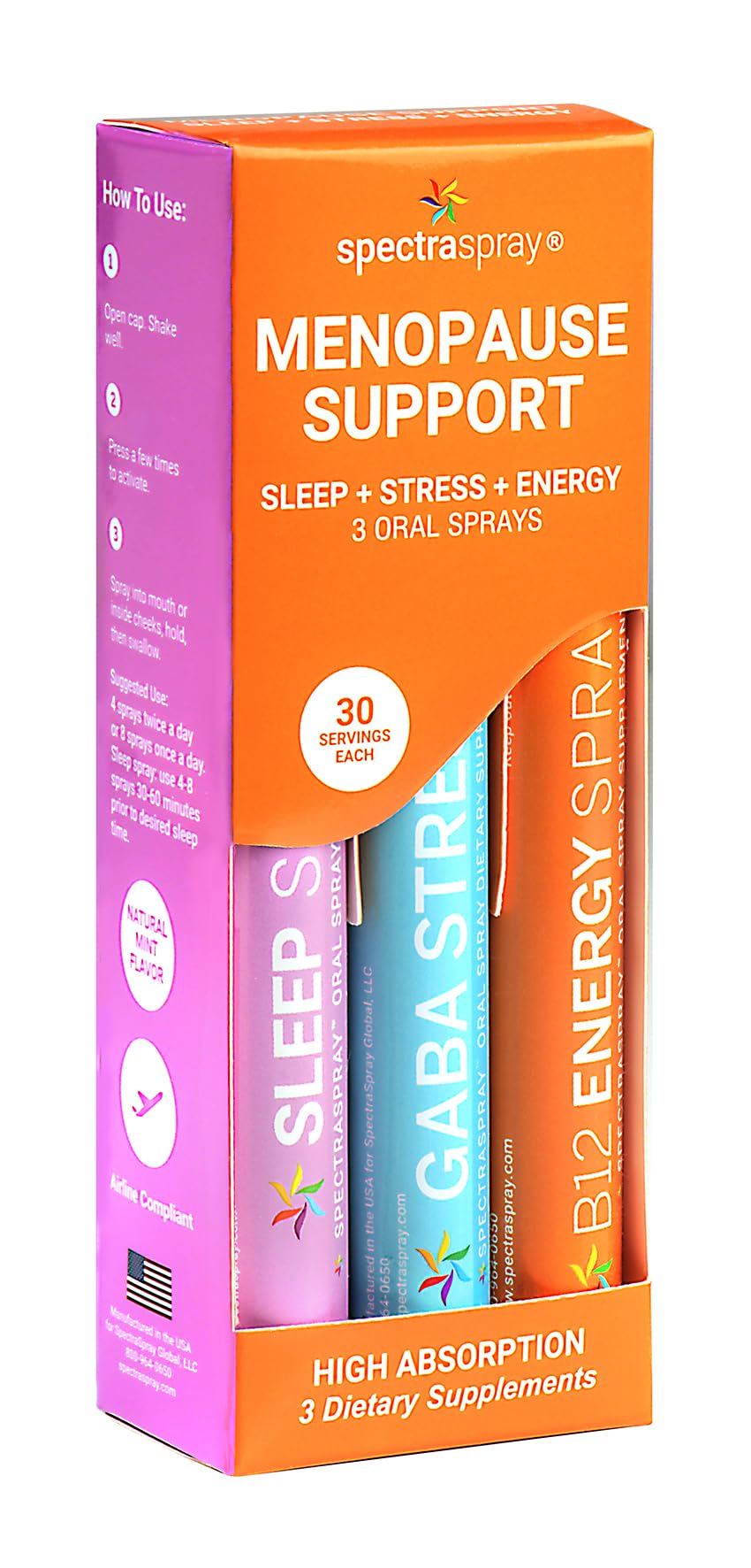 SpectraSpray Menopause Support Oral Supplement Kit, 30 Day Supply per Spray | Sleep + B12 Energy + GABA Relaxation & Calm, Natural Mint Flavor, Vegan non-GMO & Gluten Free, Made in the USA