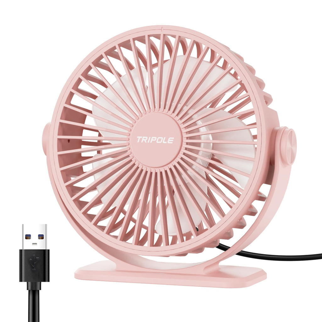 TriPole USB Desk Fan Small Portable, 360° Rotation Quiet Mini Personal Fan | Pink, 3 Speeds Plug In USB Fan, Desk Fans Small Quiet, 4.9ft Cable, Strong Breeze for Desktop Bedroom Office Table Travel