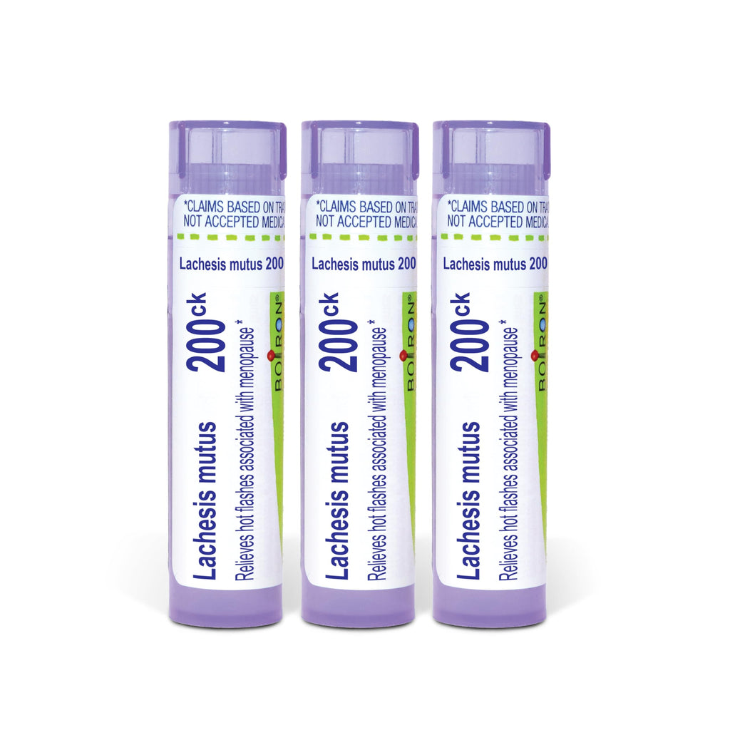 Boiron Lachesis Mutus 200ck Homeopathic Medicine for Hot Flashes Associated With Menopause - Pack of 3 (240 Pellets) | Single-medicine homeopathic pellets for Hot Flashes Associated With Menopause. Size: Pack of 3 (240 Pellets).