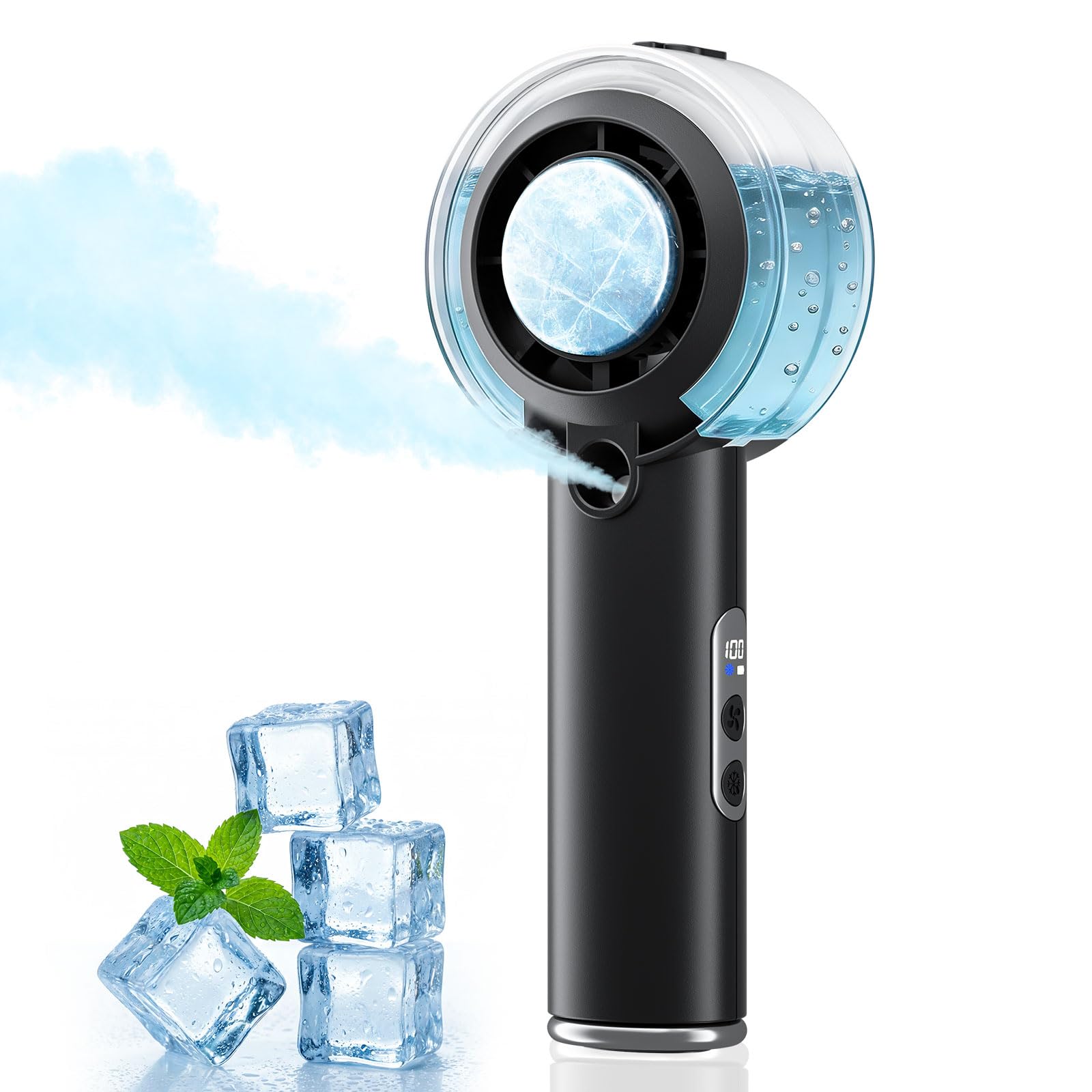 HandFan 5000mAh Portable Turbo Misting Fan, High Speed Handheld Ice Cooling Fan, Spray Water Mist Fans, Mini Hand Fans Rechargeable, 100 levels Adjustable, for Summer Travel Concerts Disney(Black)