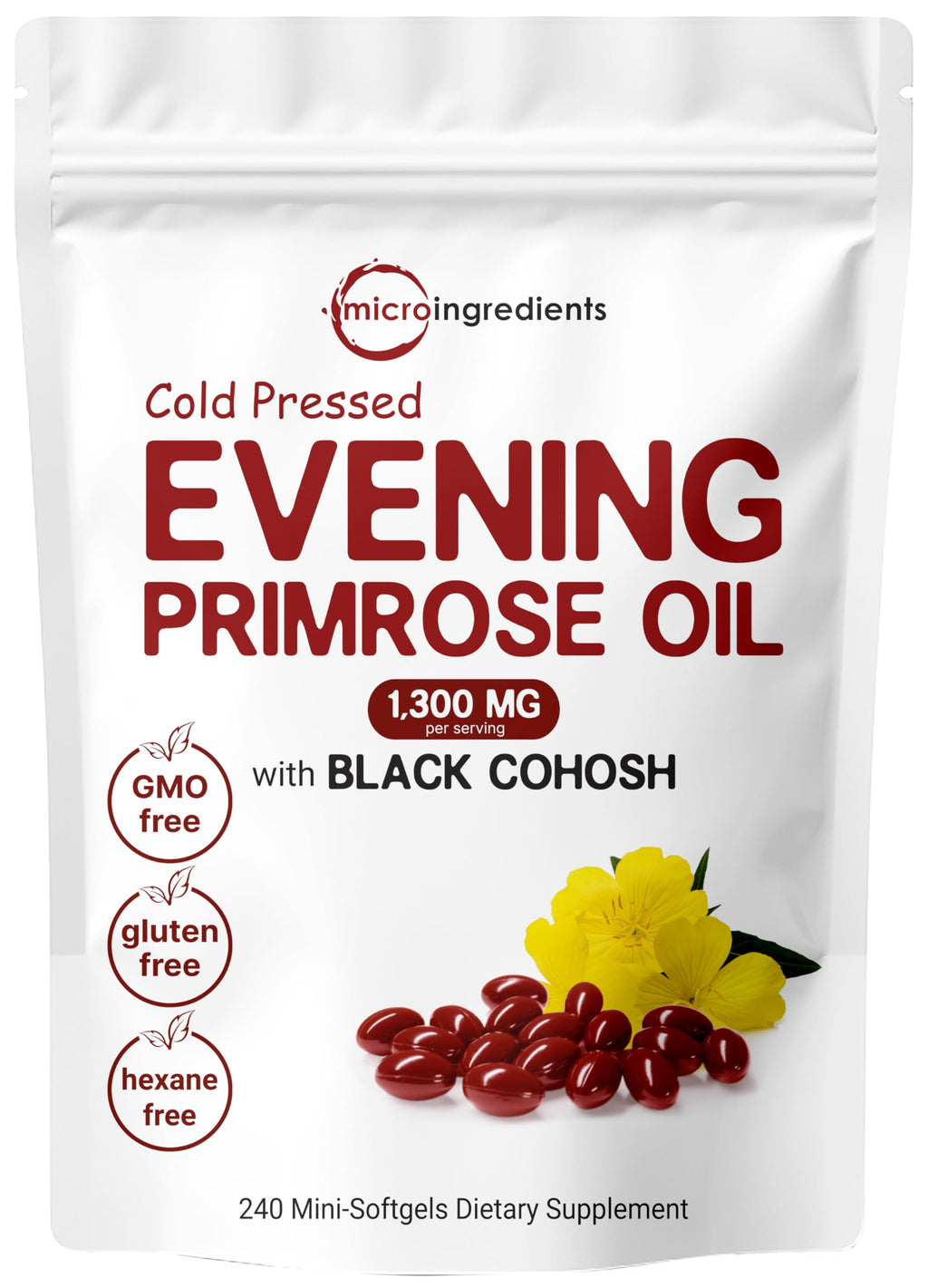 Evening Primrose Oil 1300mg Per Serving, 240 Softgels | Enhanced with 40mg Black Cohosh Extract, Cold Pressed – 10% Active GLA, Non-GMO, No Gluten, Easy to Swallow