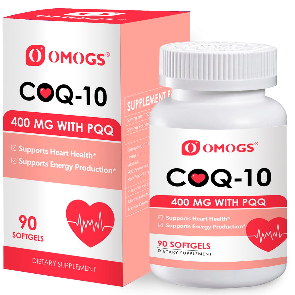 OMOGS CoQ10 400mg Softgels, Coenzyme Q10 High Absorption Supplements Support Heart Health, Cardiovascular Health, Immune System & Cellular Energy Production, Gluten Free, 90 Softgels