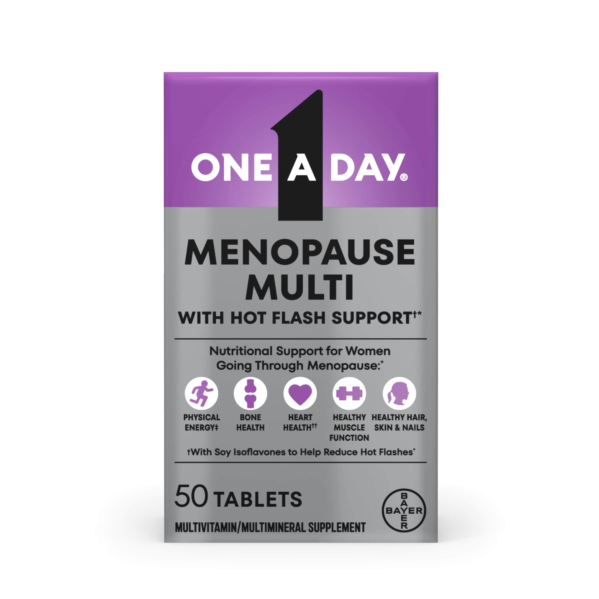 One A Day Women's Menopause Multivitamin, Menopause Support, 50 Count | Soy Isoflavones for hot flash support (3), Convenient daily tablet, For women 50+