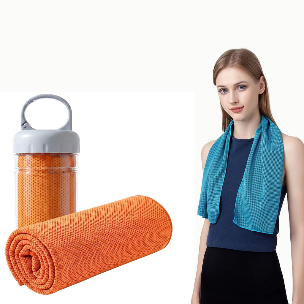 Instant Cooling Towel with Storage Bottle, Ice Towel for Neck Face for Sports Gym & Hot Weather (Orange)