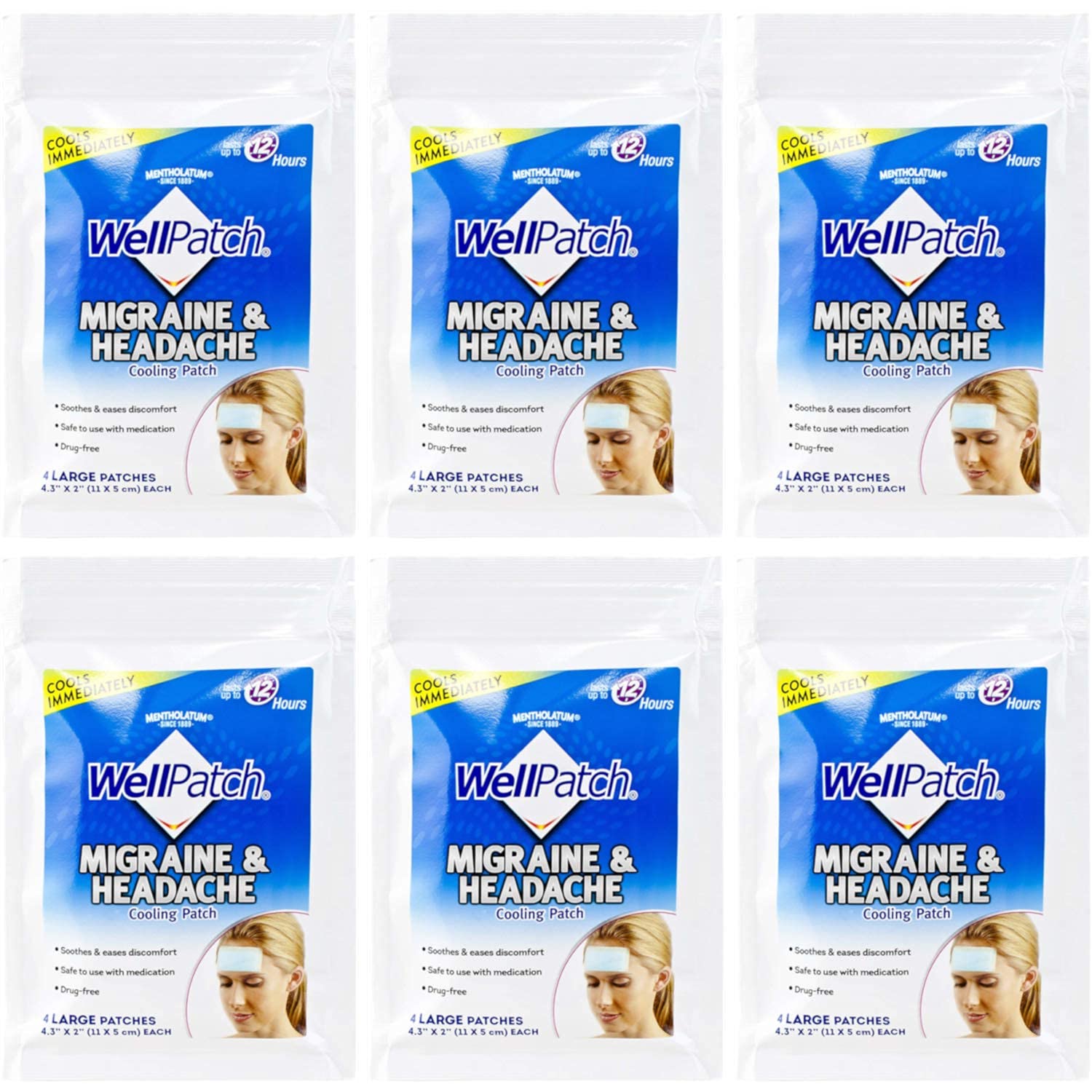 WellPatch Cooling Headache Pads, Migraine 4 Pads in a Pack. (Pack of 6)= 24pads