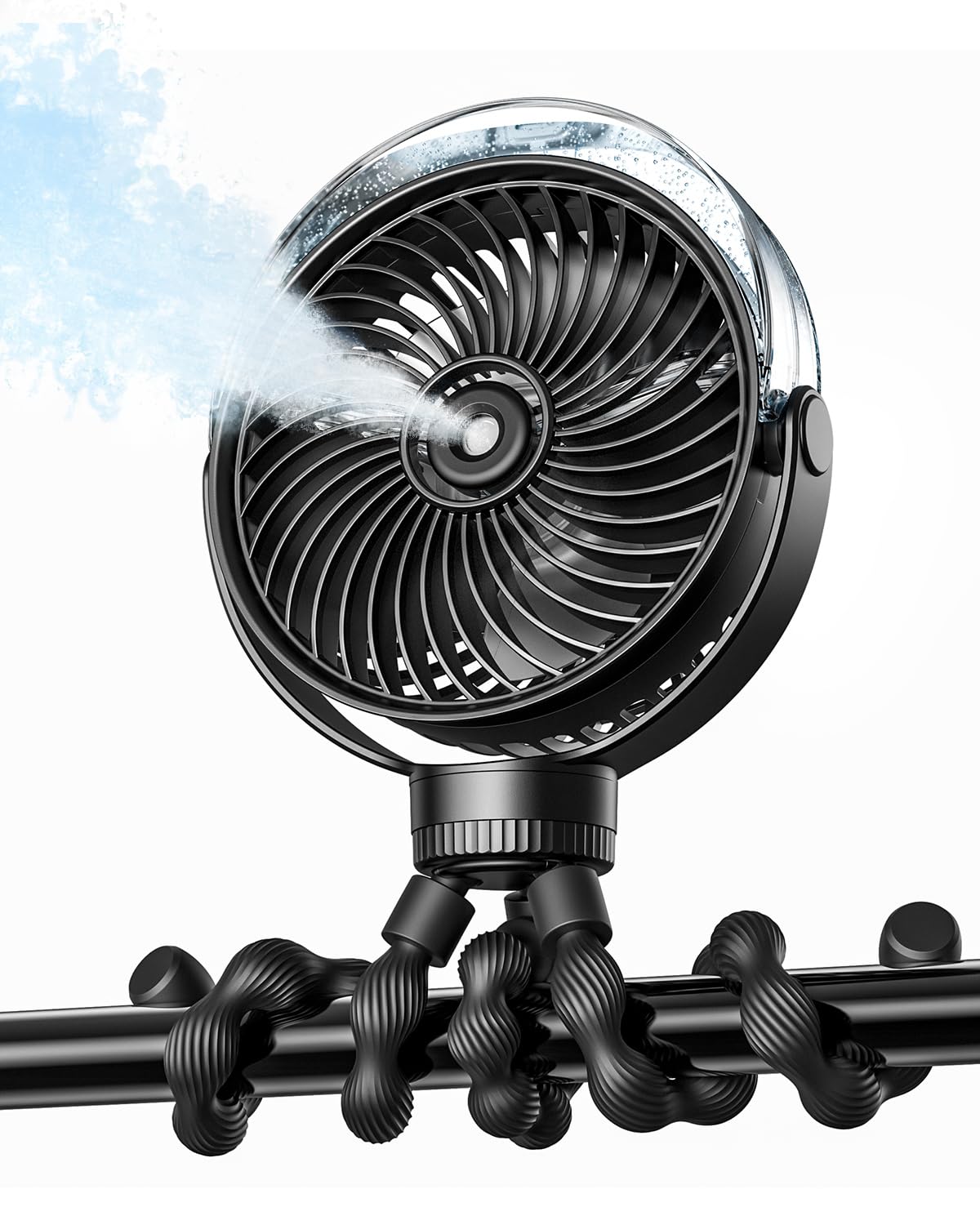 SWEETFULL Misting Stroller Fan – Portable Baby Fan with Spray Cooling, 4 Speeds, Quiet Rechargeable Fans for Travel, Outdoor, Golf Cart, Car Seat, Beach (Black)