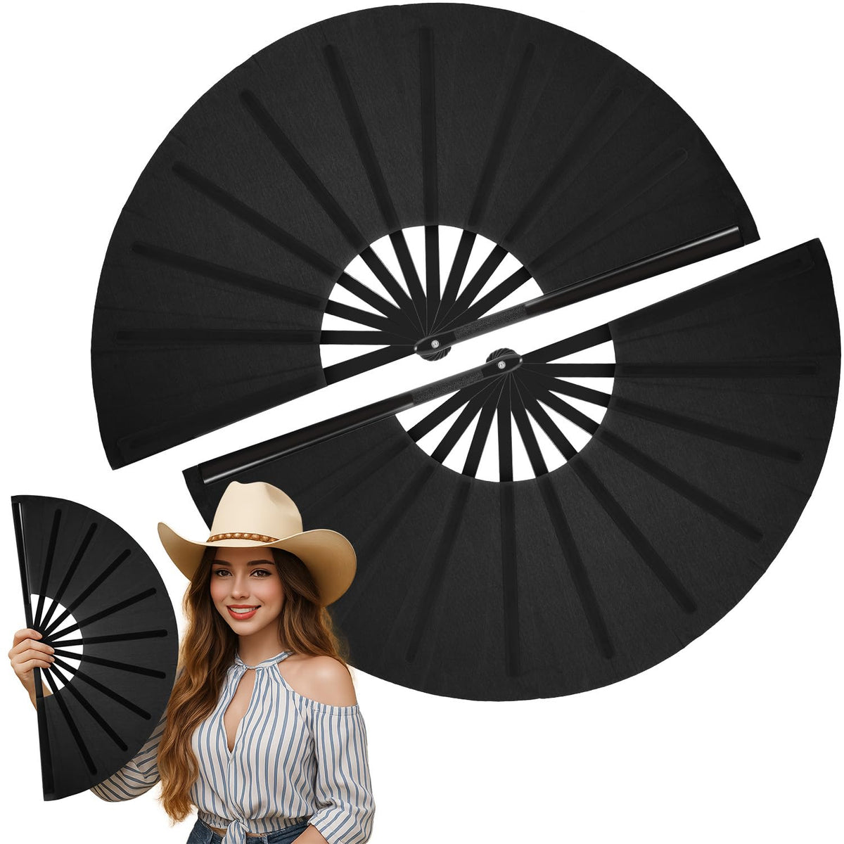Maitys 2 Pack Foldable Fans for Rave Dancing,Black,Simple Pattern
