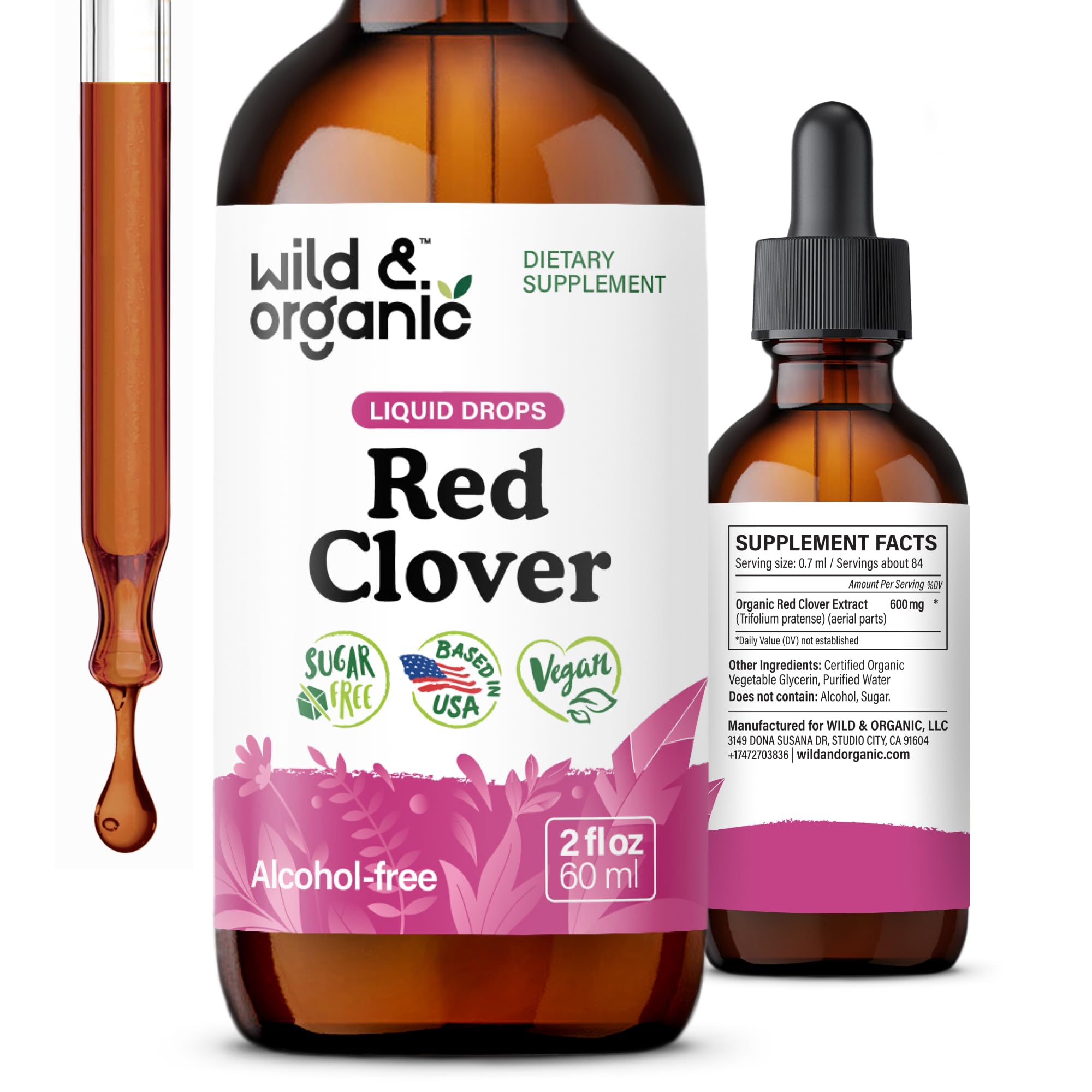 Wild & Organic Red Clover Herb Drops - Menopause Supplements Women - 2 oz | Women's Support - Red Clover Tincture - Add to Tea Herbal Drops - Liquid Blossoms Extract - No Sugar & Alcohol-Free