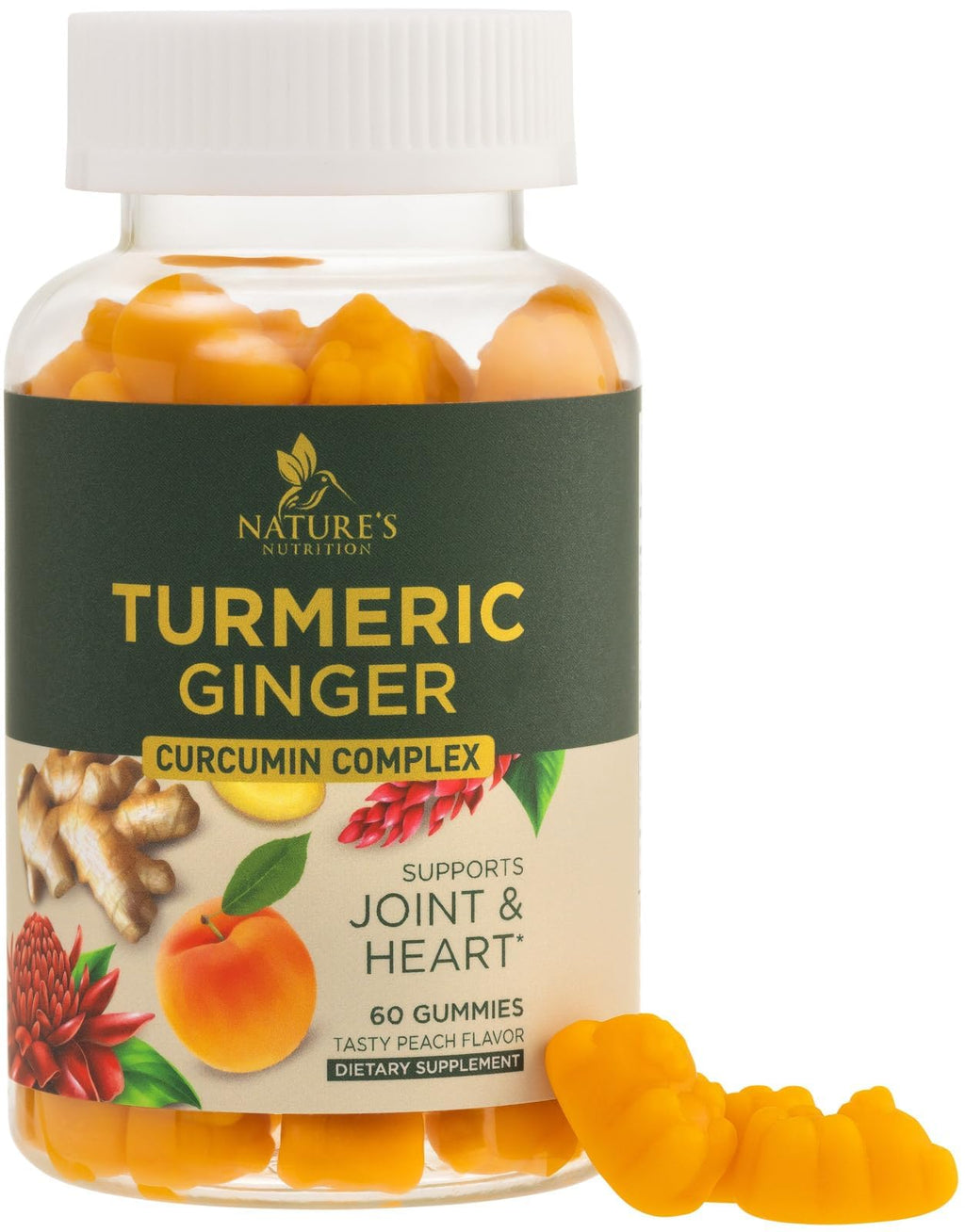 Turmeric Gummies - 95% Curcuminoids - Best Turmeric Curcumin Supplement with Ginger, Black Pepper for Enhanced Absorption, Natural Vegan Joint Support Curcumin Gummy - Tasty Peach Flavor - 60 Gummies