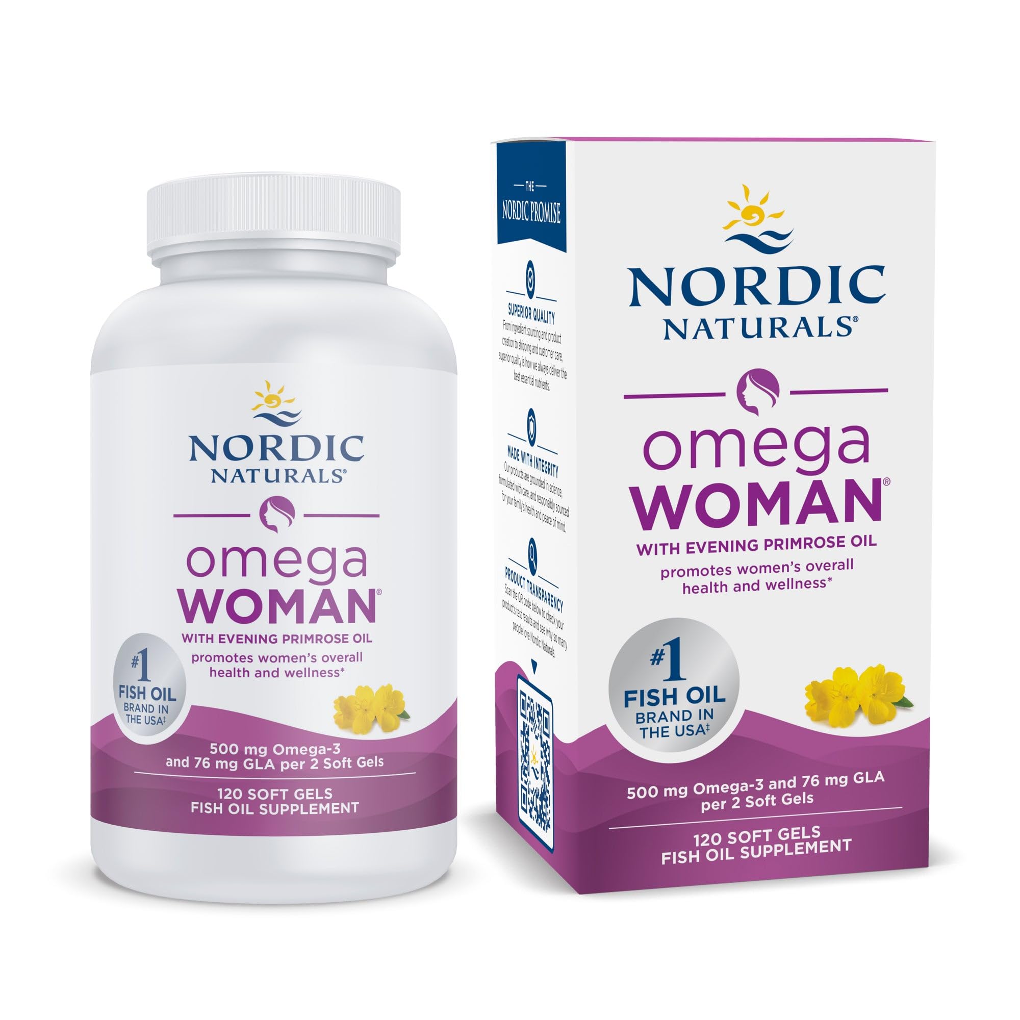 Nordic Naturals Women's Omega-3 w/Evening Primrose Oil, Lemon - 120 Count | 800mg Evening Primrose Oil w/GLA for menopause relief (hot flashes, night sweats). Hormonal balance. 60-day supply.