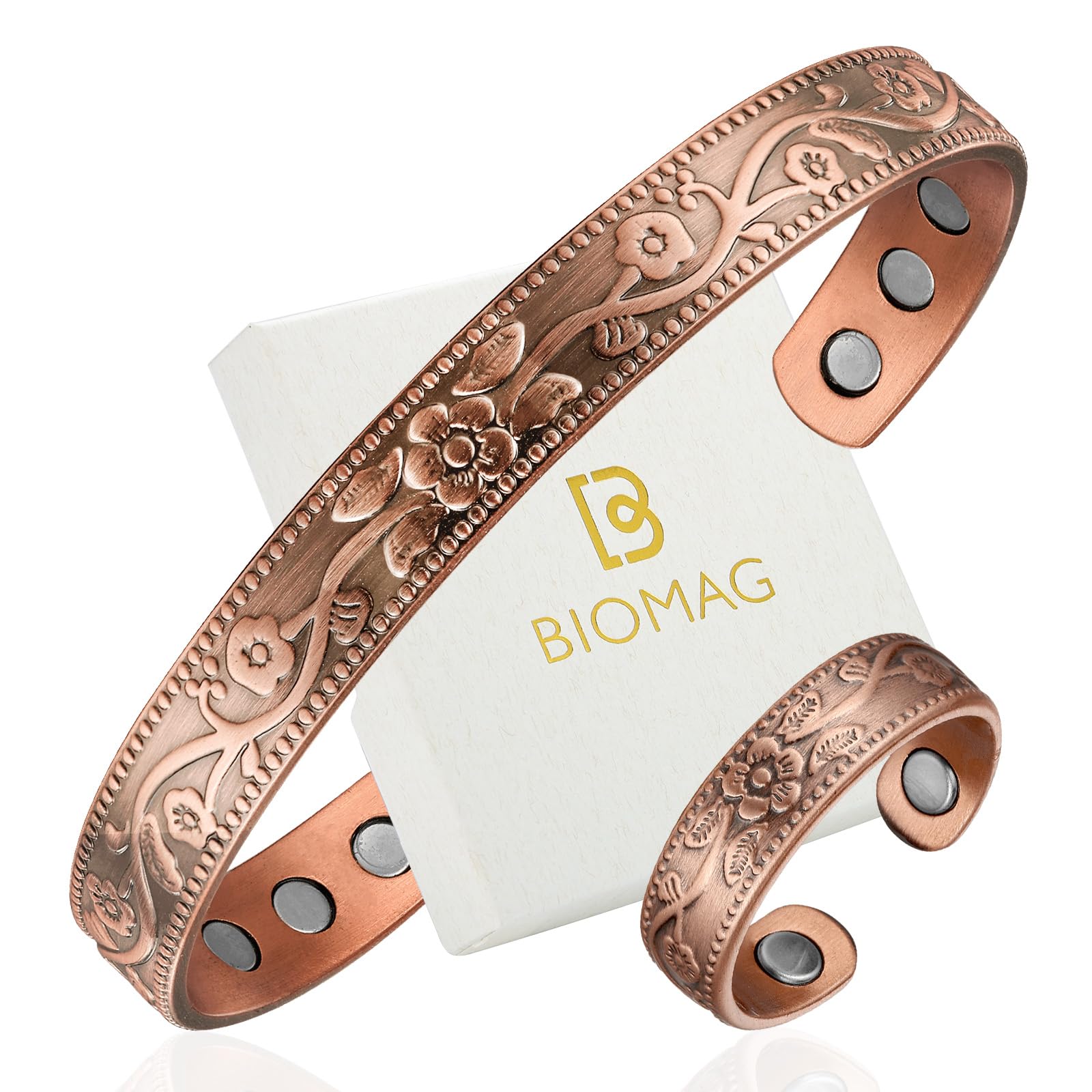 BioMag Copper Magnetic Bracelet Set for Women Men, Pure Copper Jewelry Gift | 99.99% Pure Copper Cuff Bangle Lymphatic Drainage Rings with 3500 Gauss Magnets, Adjustable & Flower Pattern, Multicolor