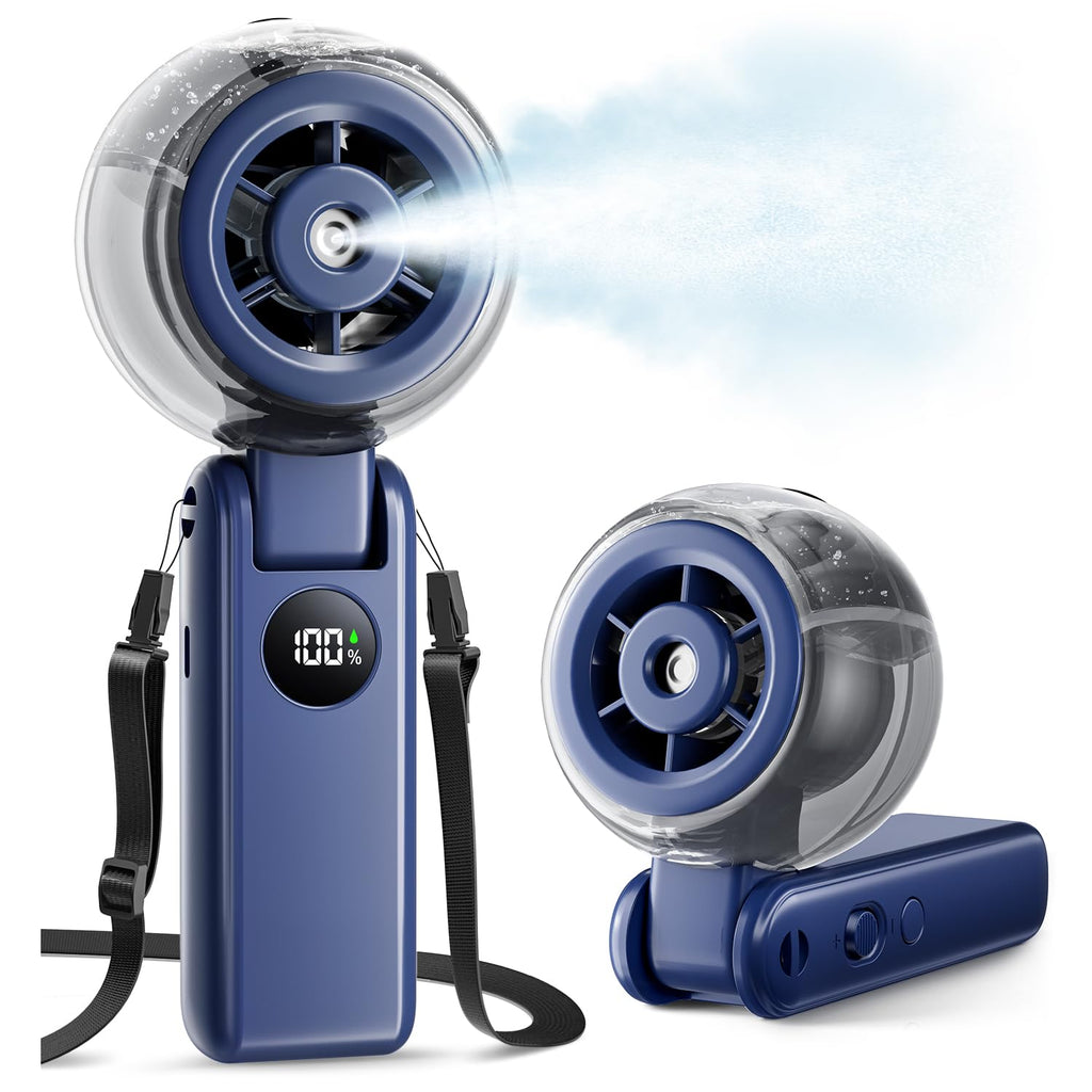 Portable Handheld Misting Fan, 4000mAh Rechargeable 3-in-1 Foldable Cooling Turbo Fan, 1-100 Stepless Speed with Water Spray & LED Display, Desk & Neck Personal Fan for Travel Beach Outdoor (Blue)