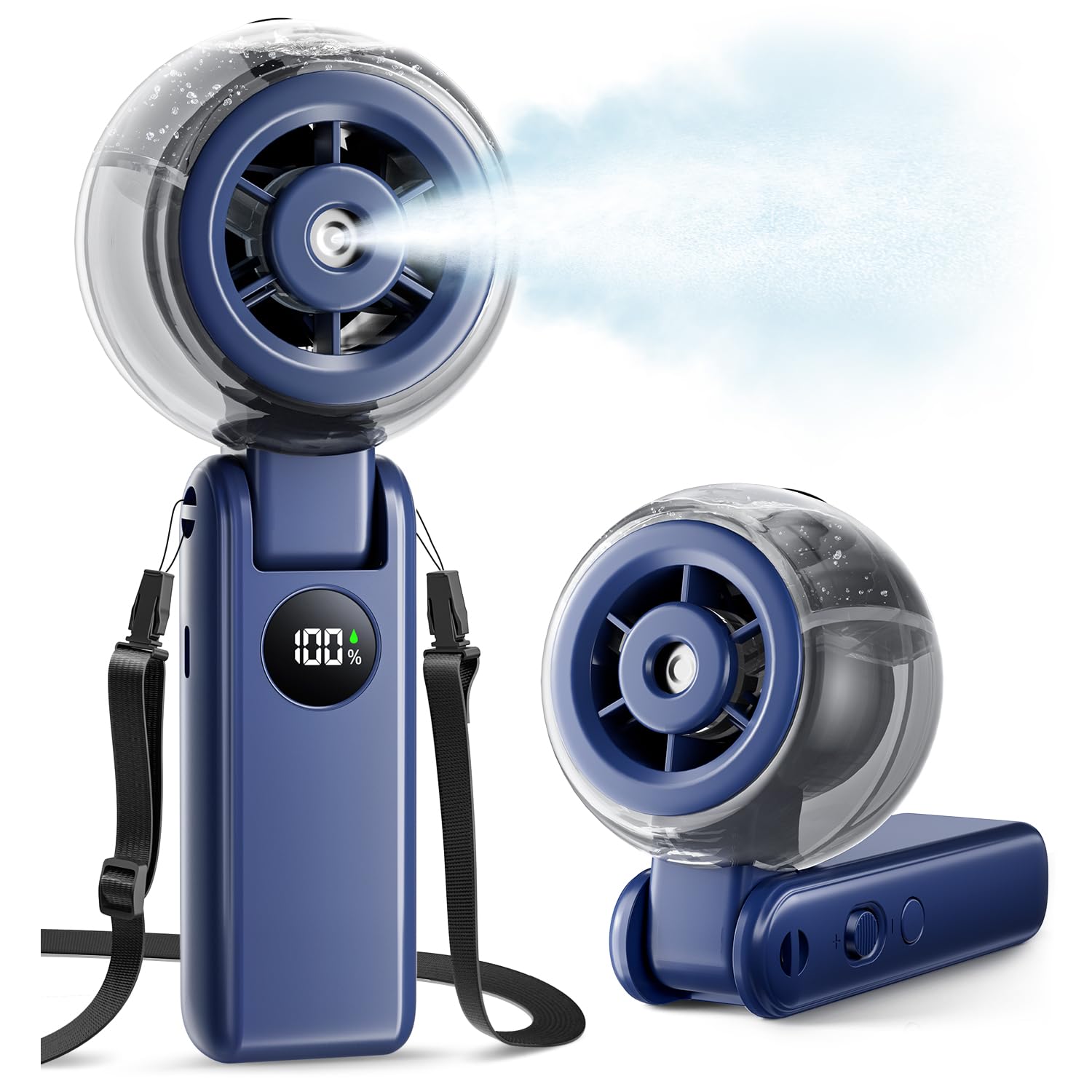 Portable Handheld Misting Fan, 4000mAh Rechargeable 3-in-1 Foldable Cooling Turbo Fan, 1-100 Stepless Speed with Water Spray & LED Display, Desk & Neck Personal Fan for Travel Beach Outdoor (Blue)