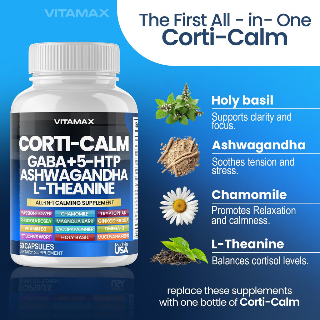 Corti-Calm Cortisol Supplement, L Theanine, Ashwagandha, Vitamin D 3, GABA for Relaxation, Fatigue & Focus with Ginkgo Biloba, Bacopa Monnieri, 5-HTP – Non-GMO, Made in USA – 60ct