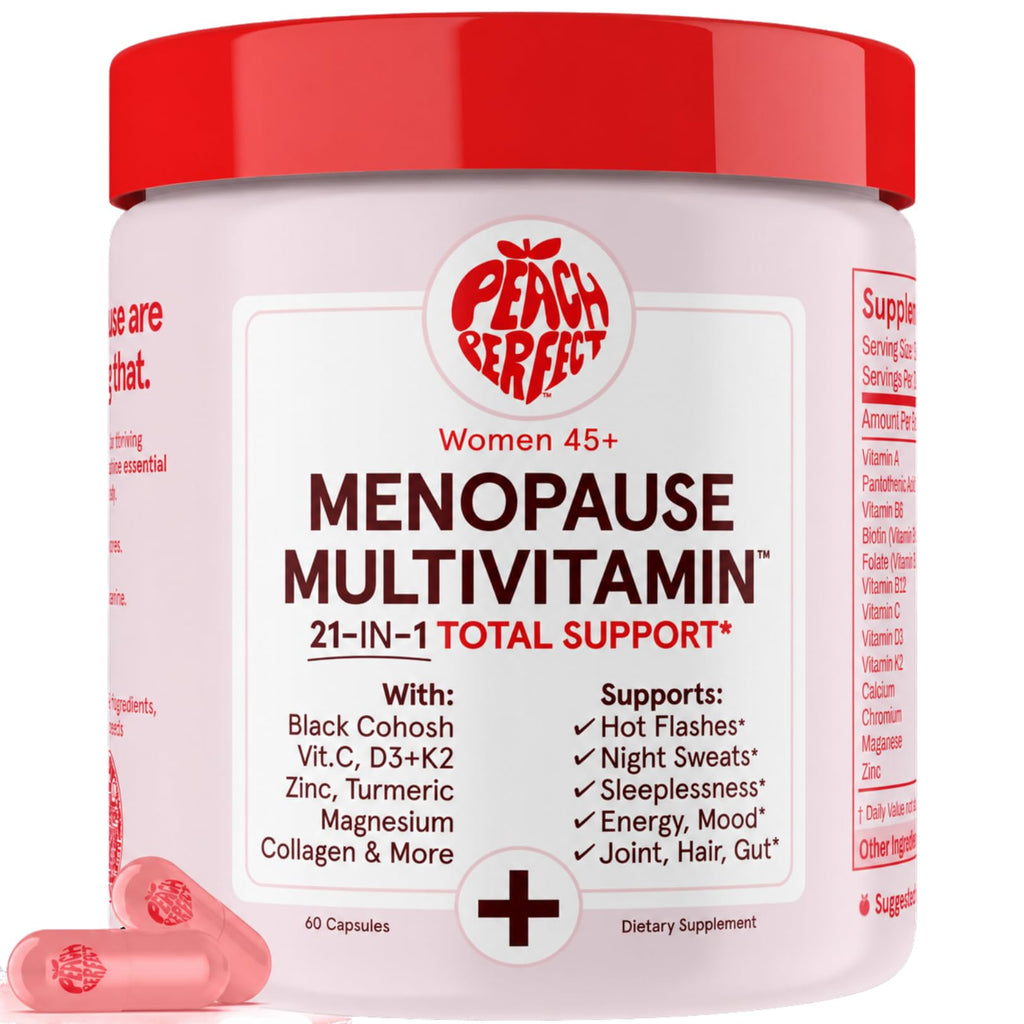 Peach Perfect Menopause Multivitamin | 21 Vitamins for Women 45+ | Black Cohosh, Ashwagandha, Vitamin D3+K2, Probiotics & Collagen | Support for Hot Flashes, Mood Swings, Joint & Skin Health | 30 SVG
