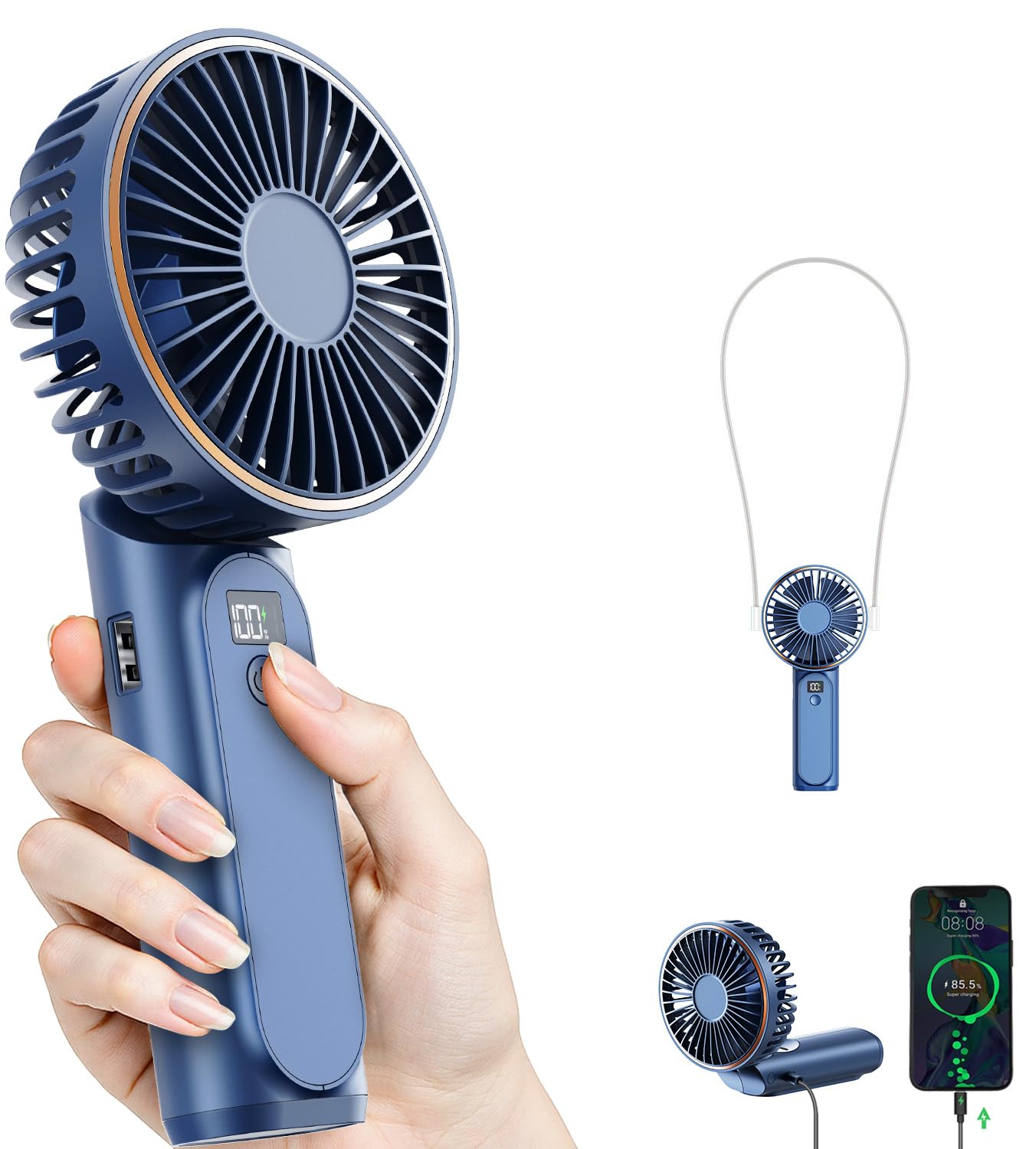 TUNISE Portable Handheld Fan, Portable Fan Rechargeable, 4000mAh, 180° Adjustable, 6 Speed Wind, Display Electricity in Real Time, USB Rechargeable Foldable F an, Quiet Personal Fan with Power Bank