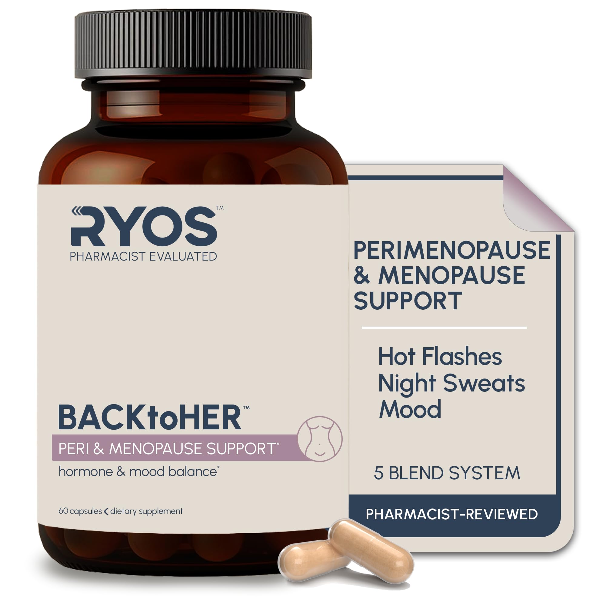 RYOS Menopause Supplement for Women – Perimenopause & Hormone Balance, Hot Flash, Night Sweat & Mood Support – Black Cohosh, DIM, Maca, Ashwagandha + Probiotics BACKtoHER, 60 Vegan Capsules