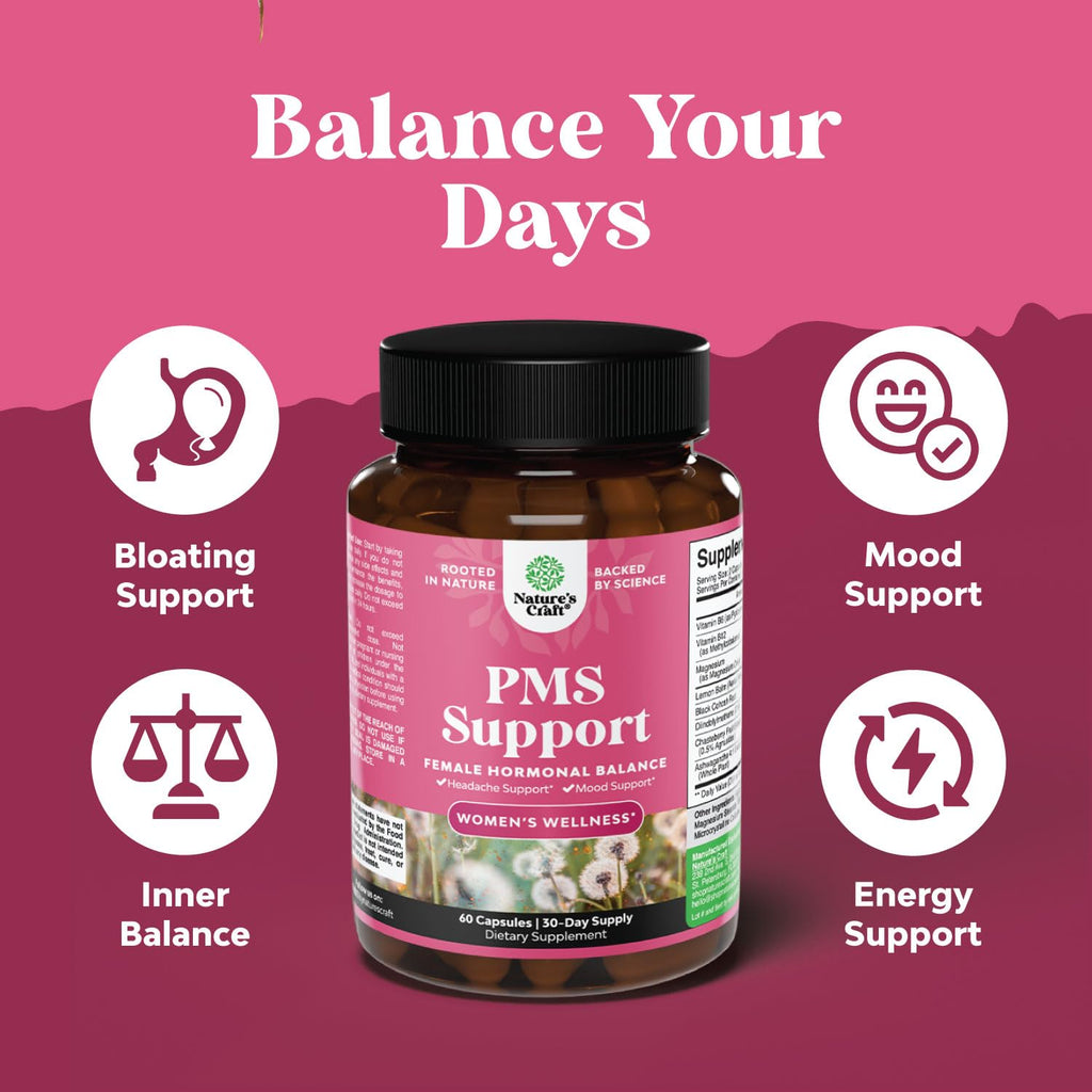 PMS Support Supplement for Women – Hormone Balance for Women & Menstrual Discomfort with DIM, Chasteberry, Black Cohosh & Ashwagandha - for Period Cramps Ease, Menopause Bloating, Mood Swing – 60 Ct