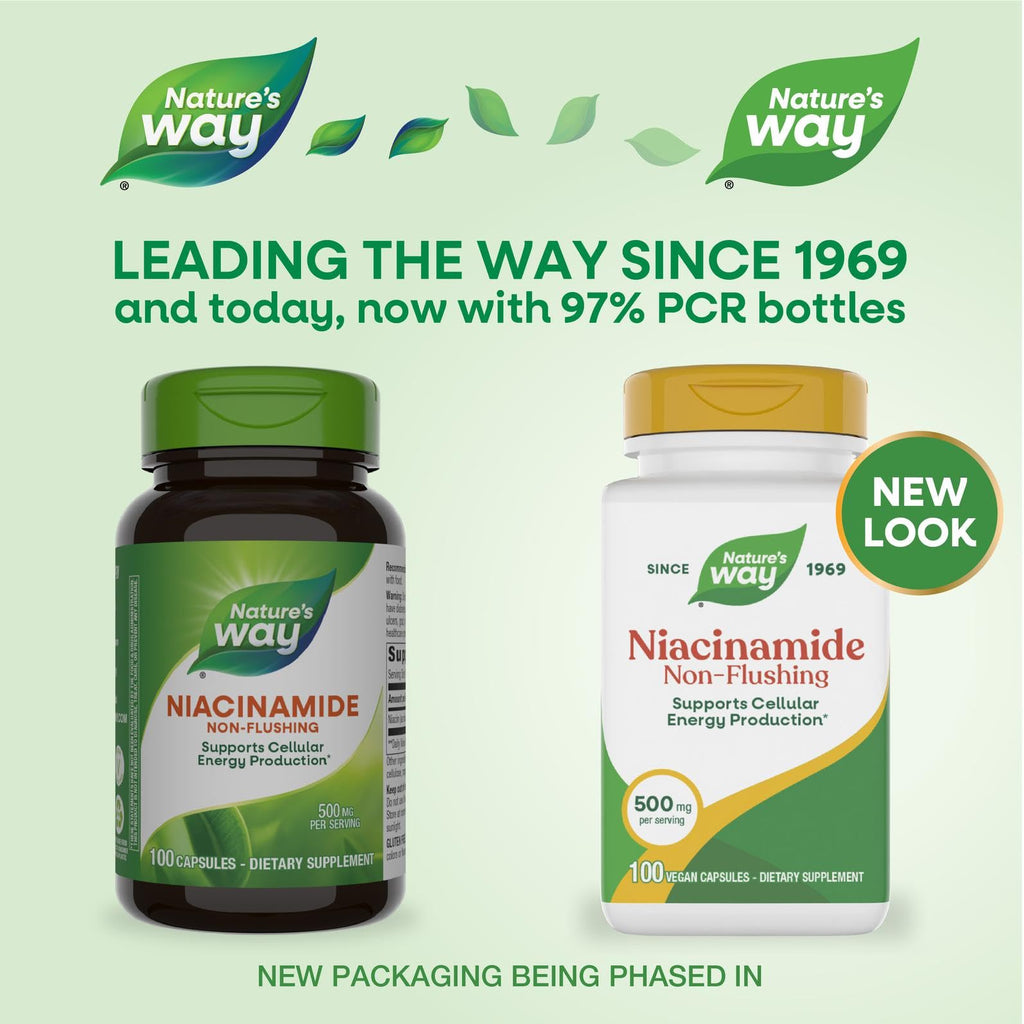 Nature's Way Niasinamid - Kızarıklığa Neden Olmayan B3 Vitamini İçeren Niasinamid Kapsülleri - Hücresel Enerjiyi Destekler* - Porsiyon Başına 500 mg - Glutensiz ve Vegan - 100 Adet (100 Porsiyon)
