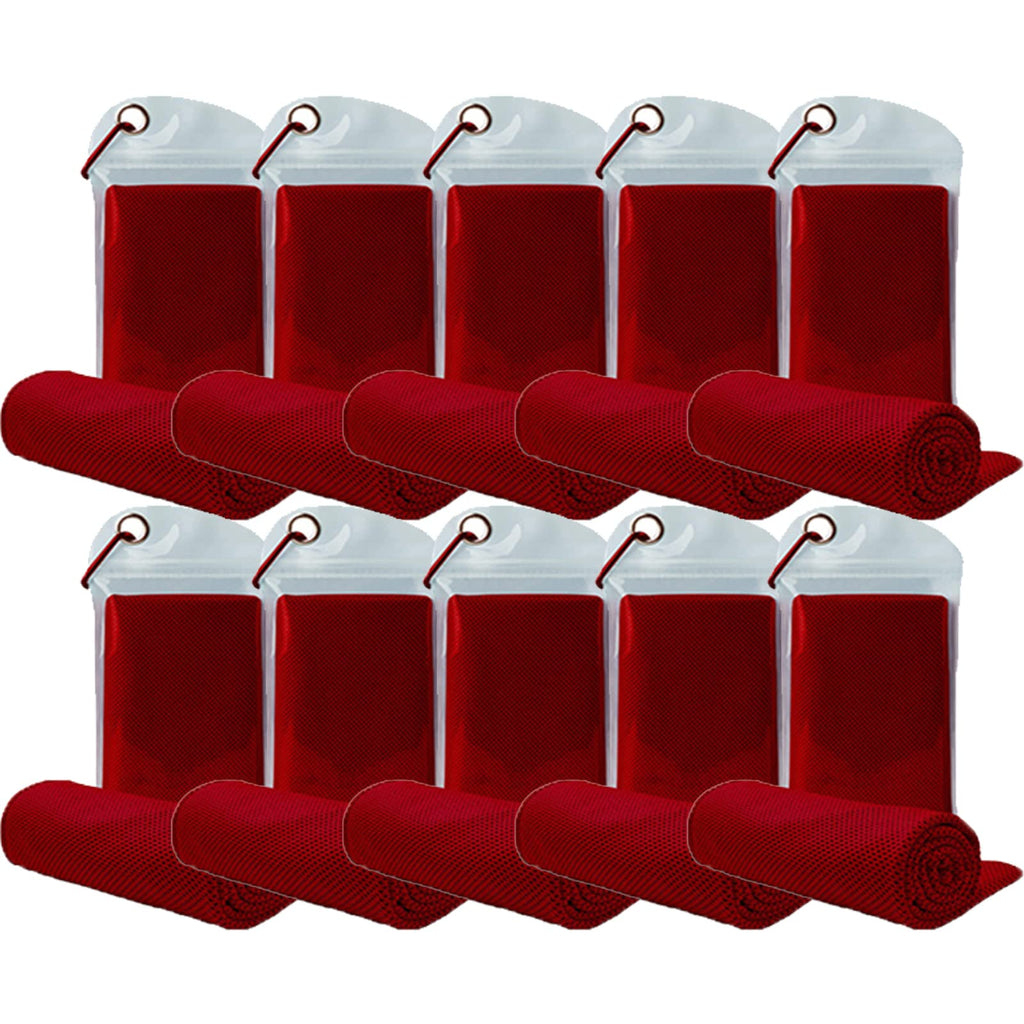 10 Pack Cooling Towels Bulk Microfiber Ice Towel Quick Dry Breathable Chilly Sweat Towel Stay Cool Towel for Neck Face Yoga Gym Workout Running Pilates Beach with Carabin Bag, 40x12'', Red