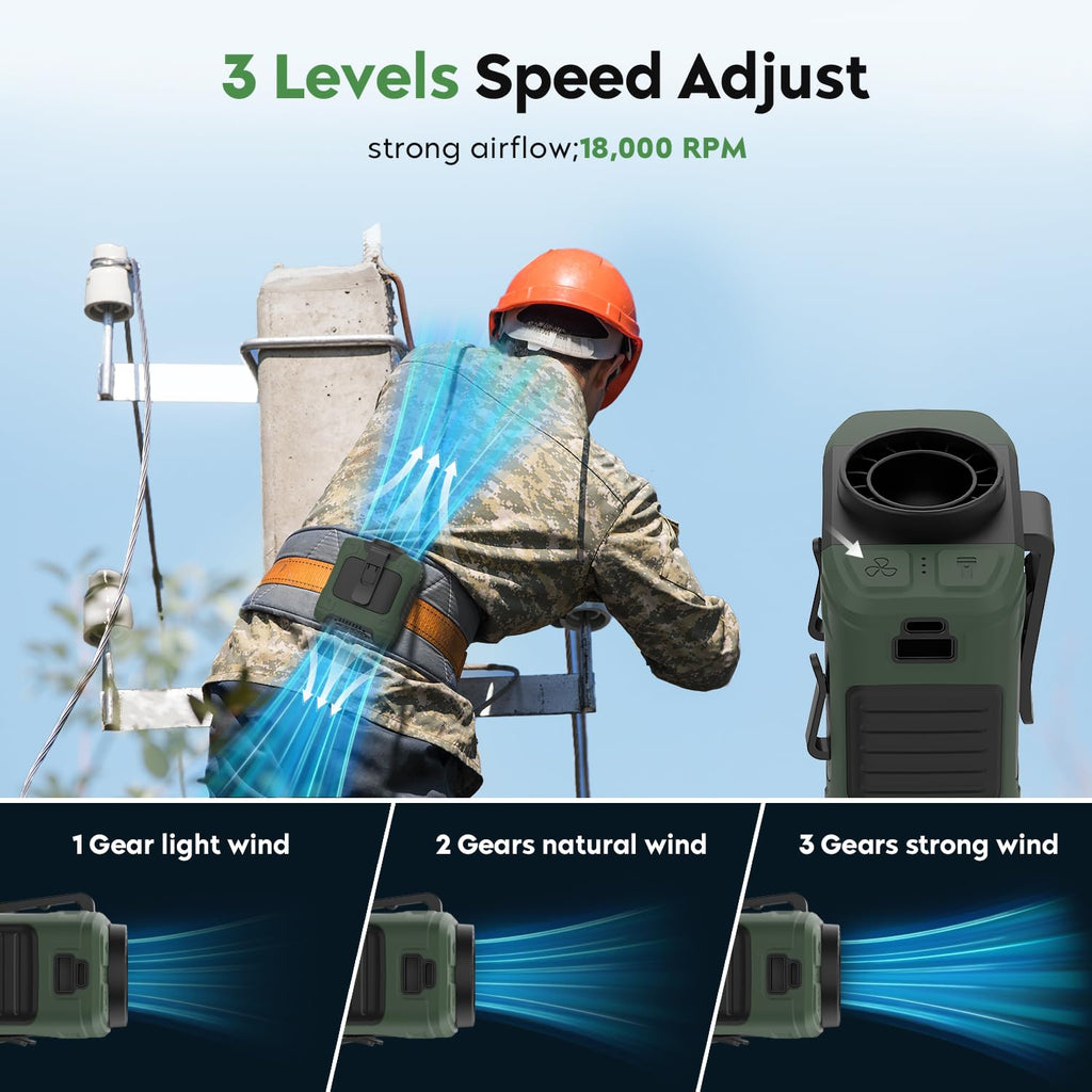 LOUISWARE Portable Waist Fan 10000mAh Rechargeable Waist Clip Fan 18000RPM With Max 12H Working Time 3-speed adjustment with LED flashlight Portable Fan for Outdoor Jobsite and etc