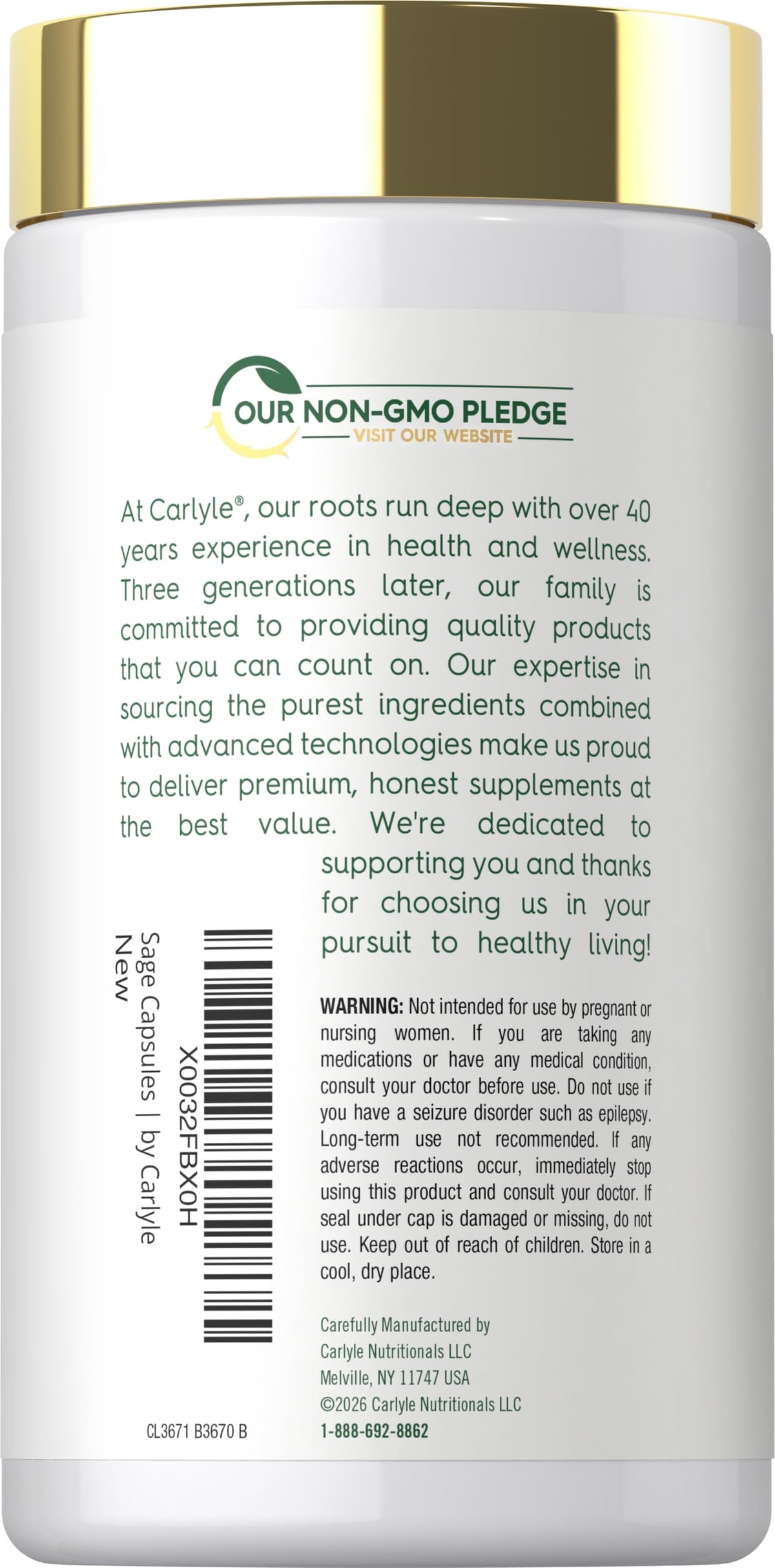 Carlyle Sage Supplement | 180 Capsules | High Potency | for Women and Men