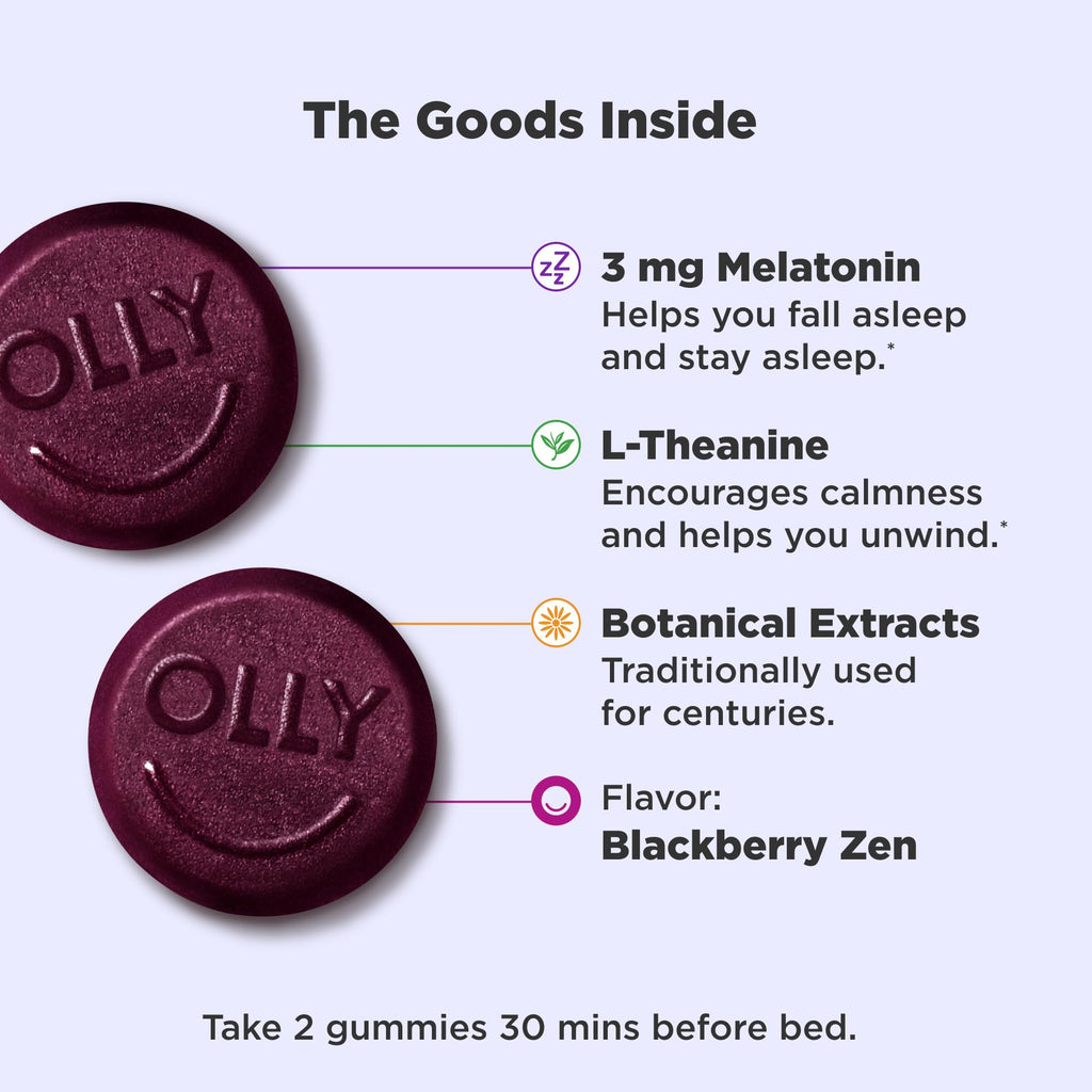 OLLY Sleep Support Gummy Supplement,* 3 mg Melatonin, L-Theanine - 60 Count