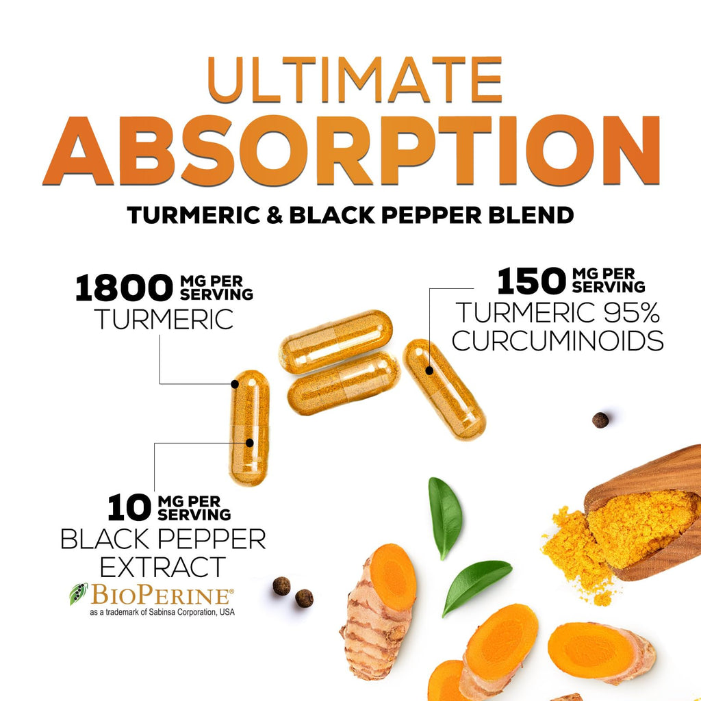 Turmeric Curcumin Supplement - 1950mg Organic Turmeric - 95% Curcuminoids & BioPerine Black Pepper Extract for Best Absorption - Natural Vegan Joint & Immune Support, Bottled in USA - 60 Capsules