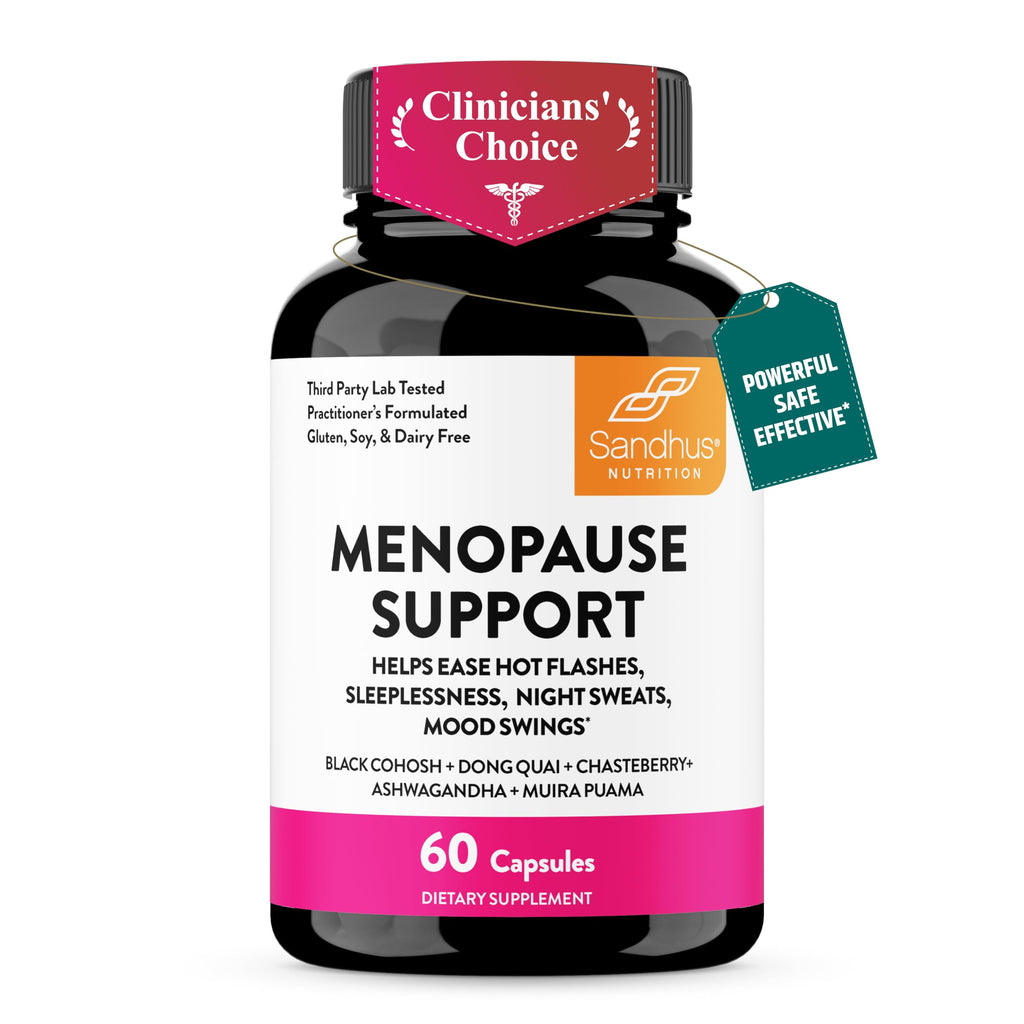 Menopause Support Supplements for Women, Black Cohosh Ashwagandha 60 Count | Vitamins D3, B6, B12, Magnesium, Dong Quai, Chaste Tree Berry, Gluten-Free Capsules, Made In USA Supplement By Sandhu's